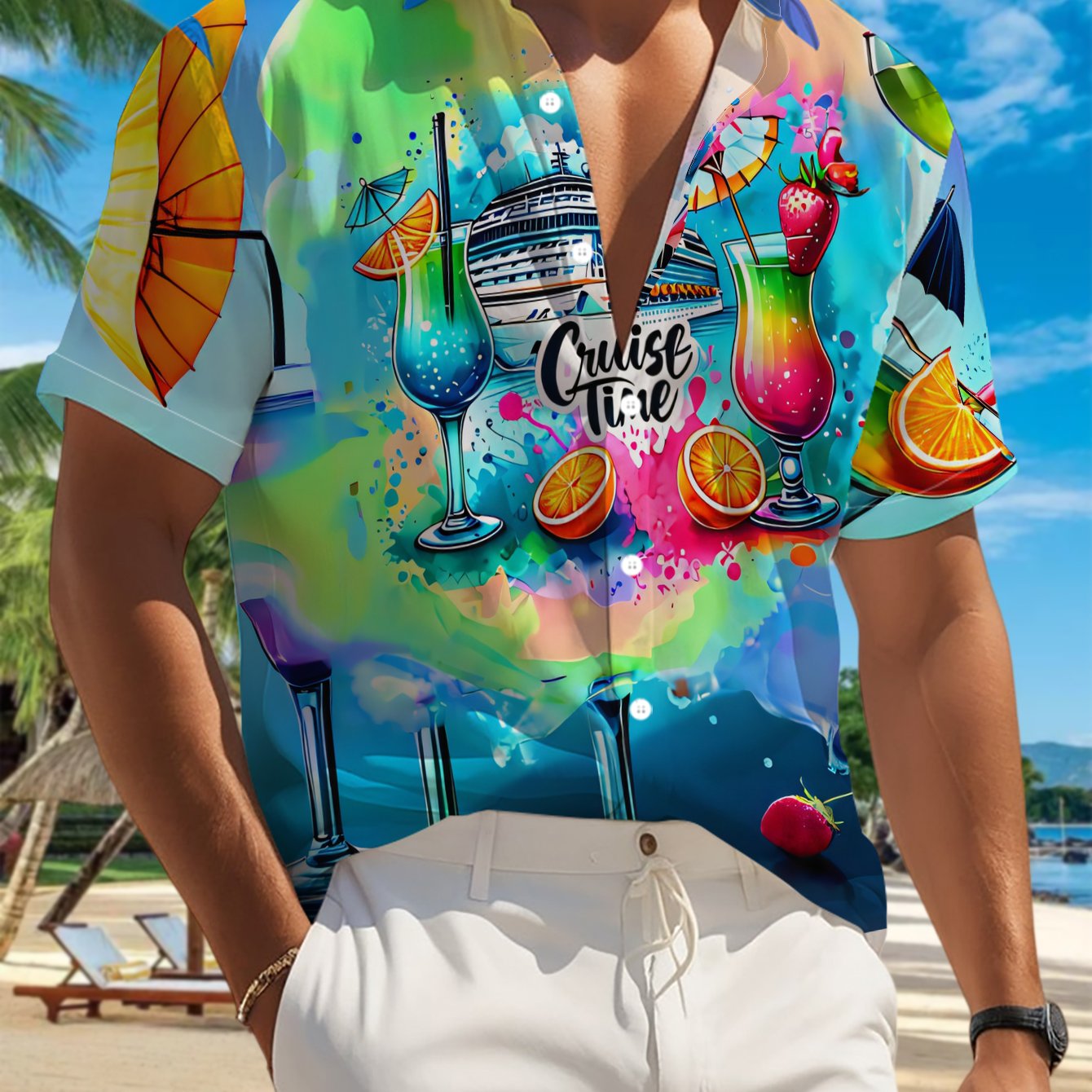 TEMU 's Casual Short-sleeve Shirt, Cruise Moments, Featuring Vibrant Colors And Fresh Fruit Designs, Suitable For Holiday Gatherings And Commuting,