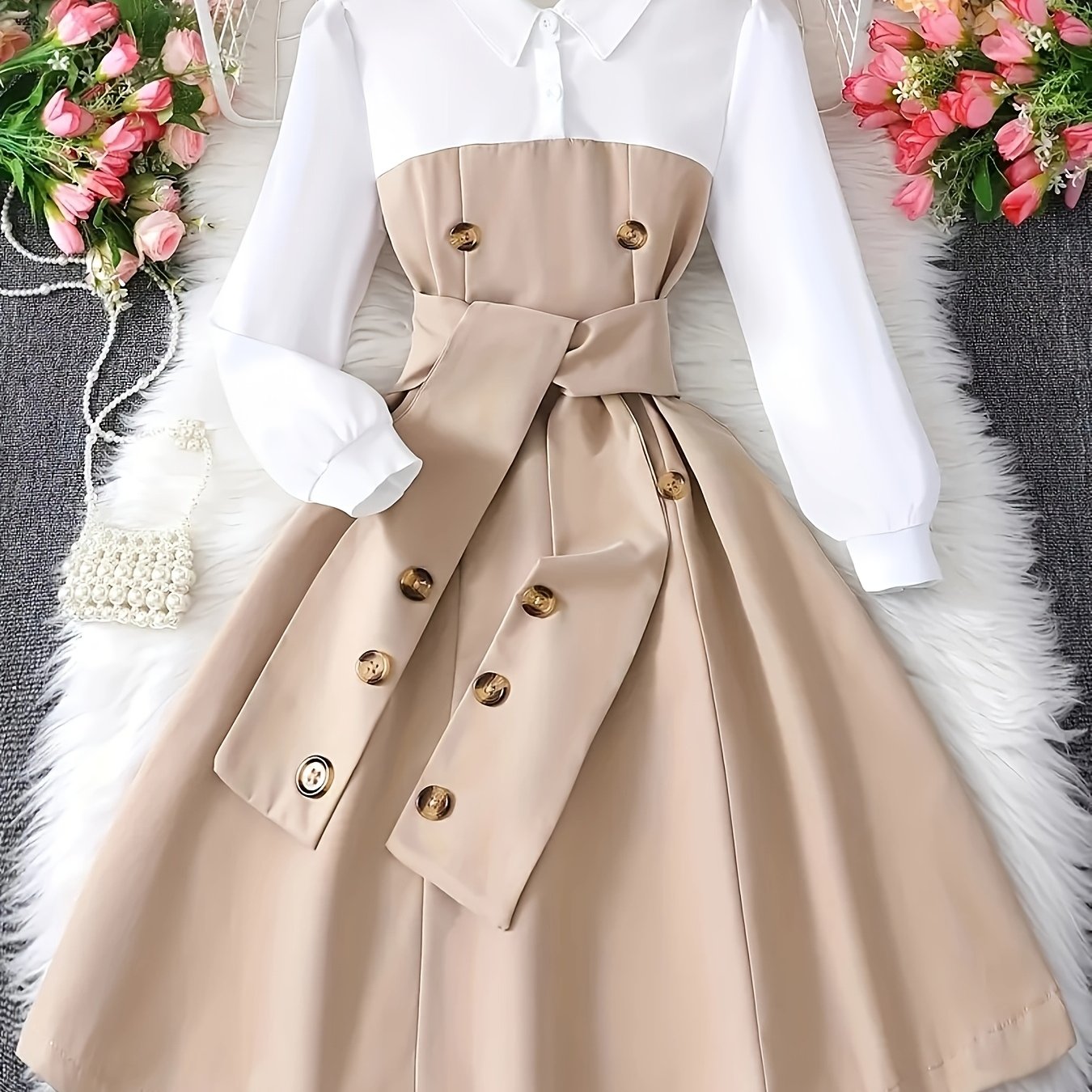 Girl's Fashion Dress With Color Block Design, Belt, And Button Details, College Style Schoolwear, Ladies' Fashion, Khaki With White Contrast