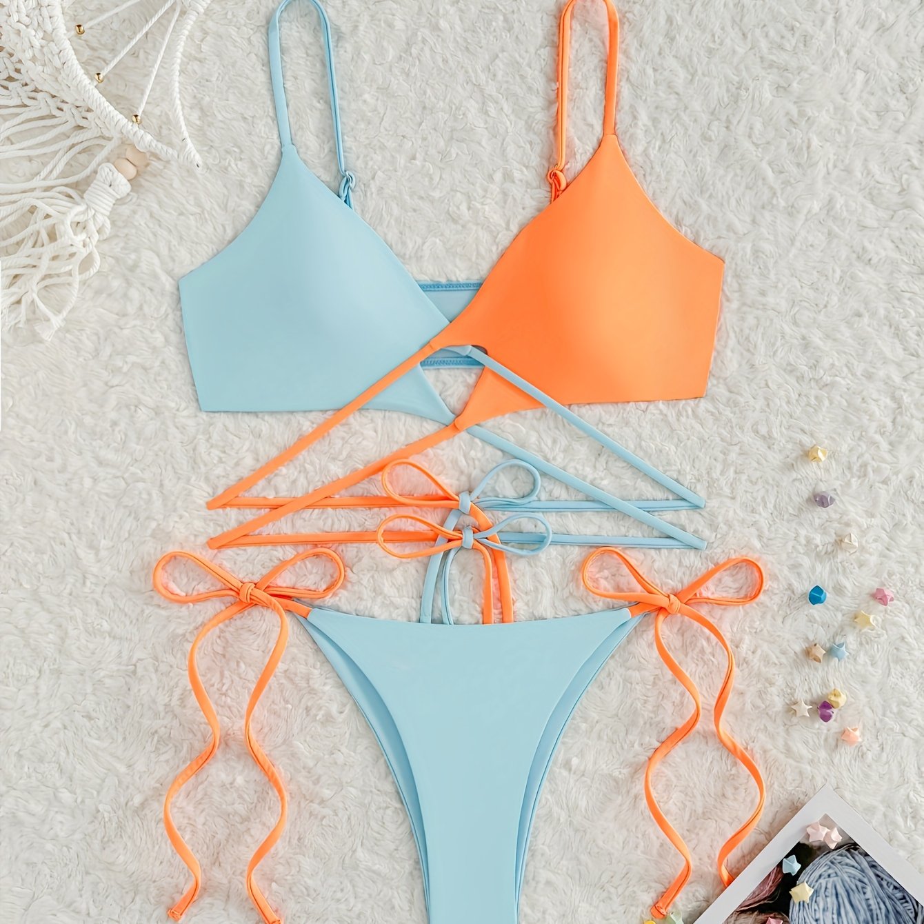 Women&#39;S Color-Block Bikini Set | Blue And Orange Two-Piece Swimsuit | Adjustable Tie Bathing Suit