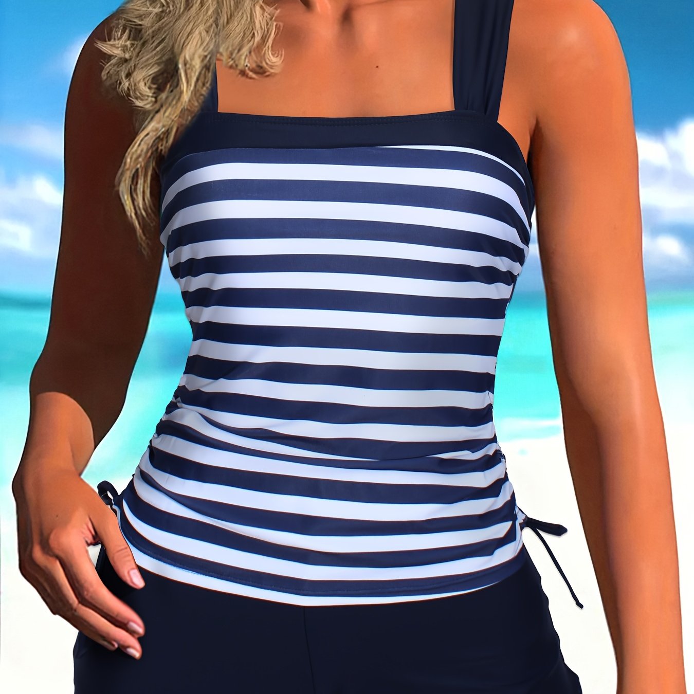 Image of Women's Striped Printed Two-piece Swimsuit Set With Shorts And A Tankini, Perfect For Beach And