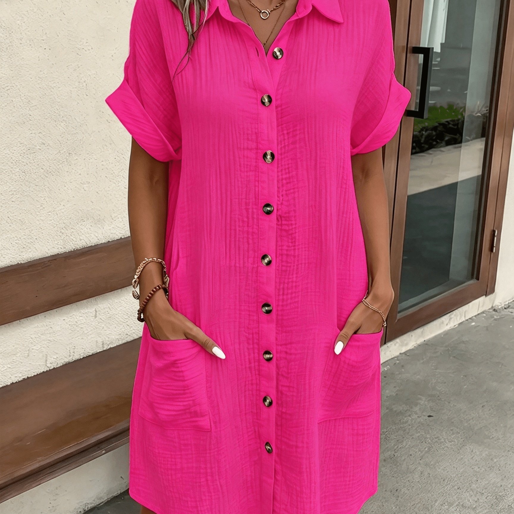 Image of Maternity Button Midi Dress For Women, Lapel Short Sleeve Flowy Pregnancy Dress With Side Pockets