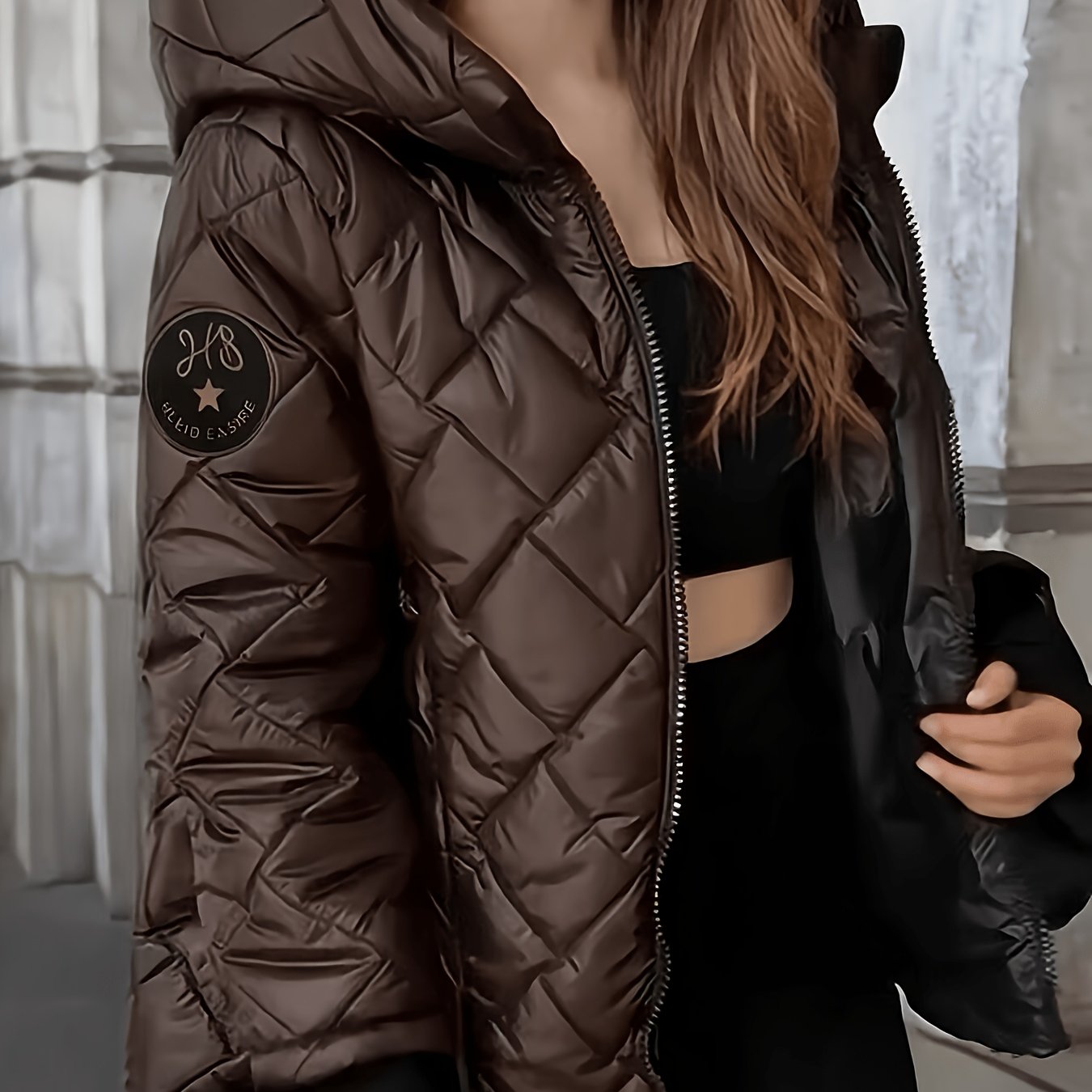 TEMU Trendy Autumn/winter Women's Loose Hooded Jacket, Featuring Diamond Check Pattern. Stylish,, And Warm. Soft, Skin-friendly Fabric That's