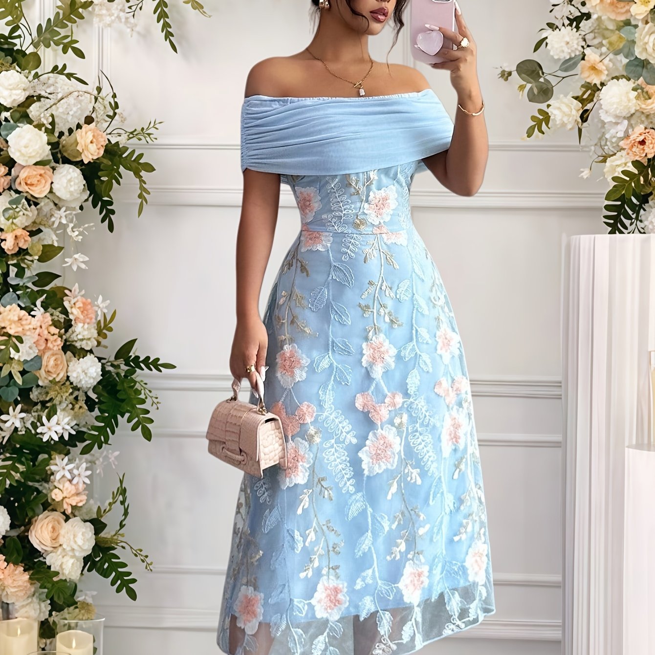 E-shop 7963 Blaues Blumen Stickerei Patchwork Einfarbig Off-Shoulder Neckline Elegantes Party Damenkleid Brautjungfernkleid Abendkleid