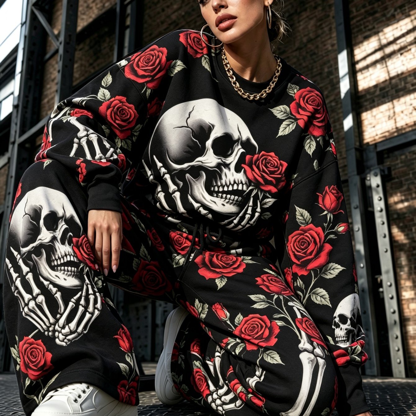 Image of Skull Rose Graphic Women'-piece Set Crew Neck Sweatshirt High-waist Wide-leg Sweatpants Essential Spring Summer Trend Durable Casual Fashion Breathable Trendy Cool