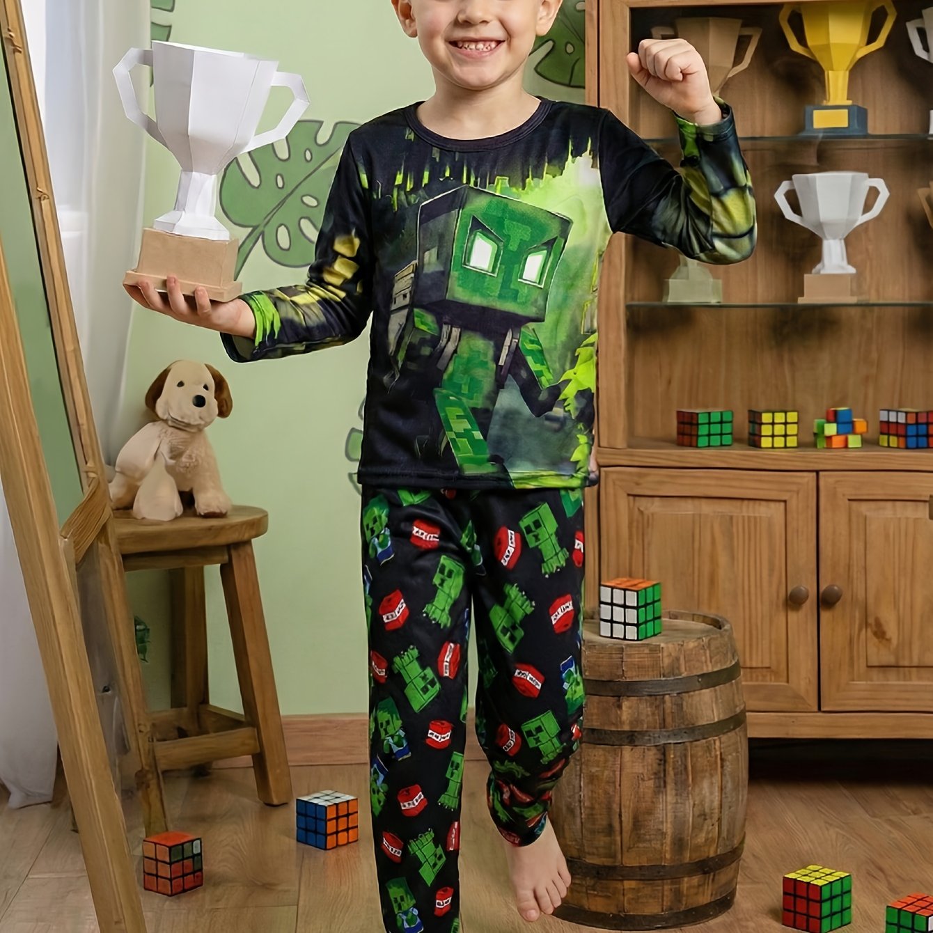 Image of 2pcs Set, Boys' Pixel Block Character Top, Creative Cartoon Monster Print Trousers, Long Sleeve And Pants Pajama Set, Comfortable Fabric, , Suitable For Boys' Home Use
