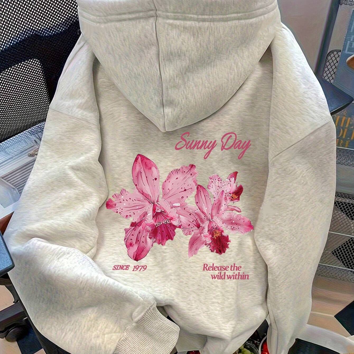 TEMU Women's Hoodie With Letter And Floral Pattern Back Print Kangaroo Pocket. New Autumn/winter Versatile Top