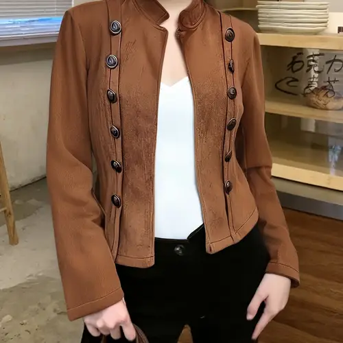 womens solid color vintage jacket short fashion casual long sleeve front open double breasted jacket