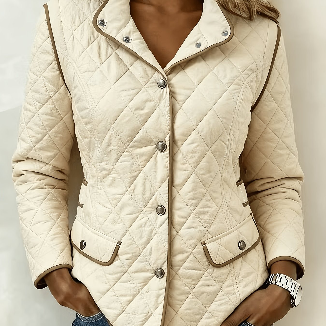 TEMU New Autumn/winter Women's Rhombus Quilted Lightweight Jacket With Collar, Contrast Binding, Single-breasted, Slim Fit, Commuter Short Jacket