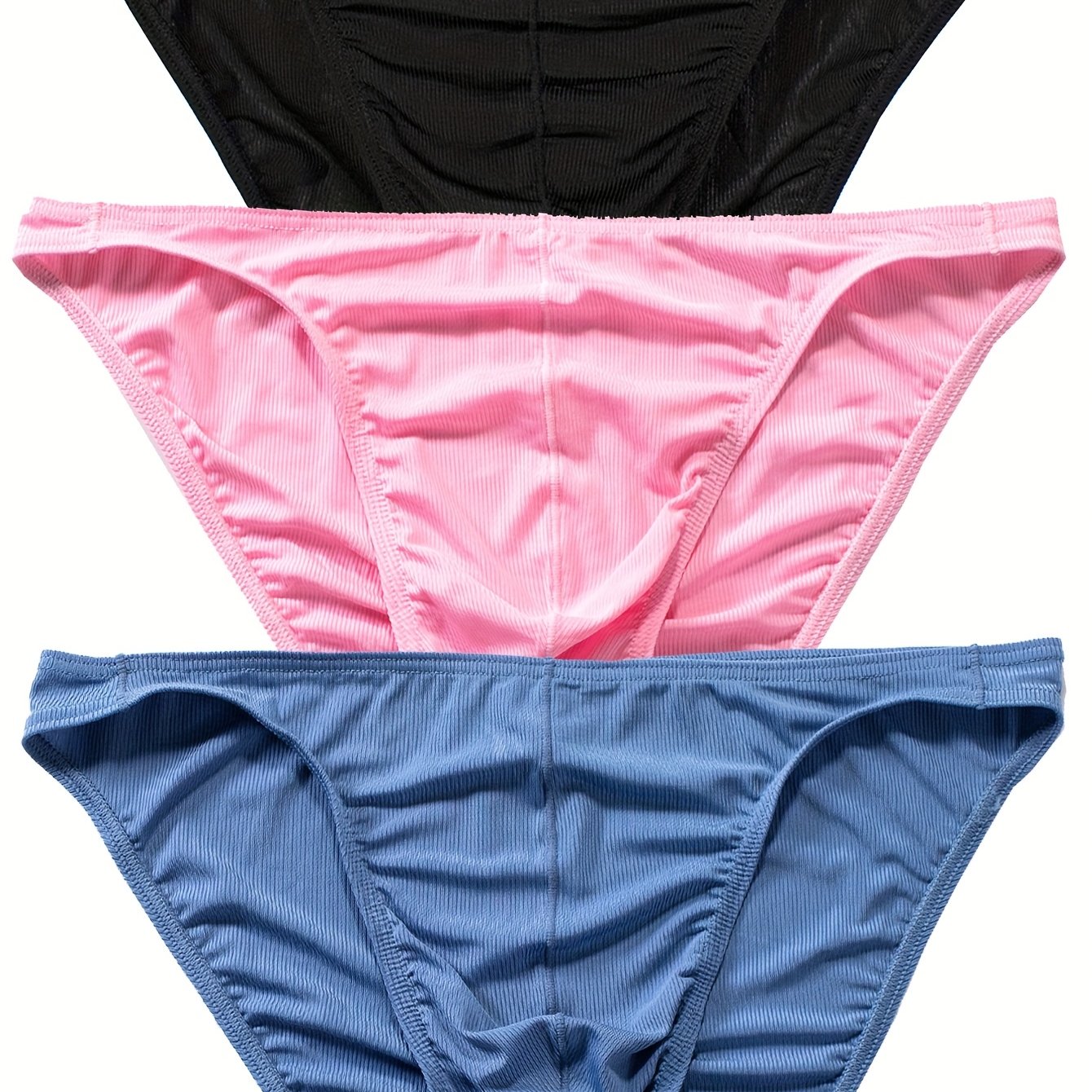 TEMU 3pcs Men's Ribbed Trim Briefs, Fashionable Thin Breathable Bikini Stretch Comfortable Underwear, Trendy Men's Underpants