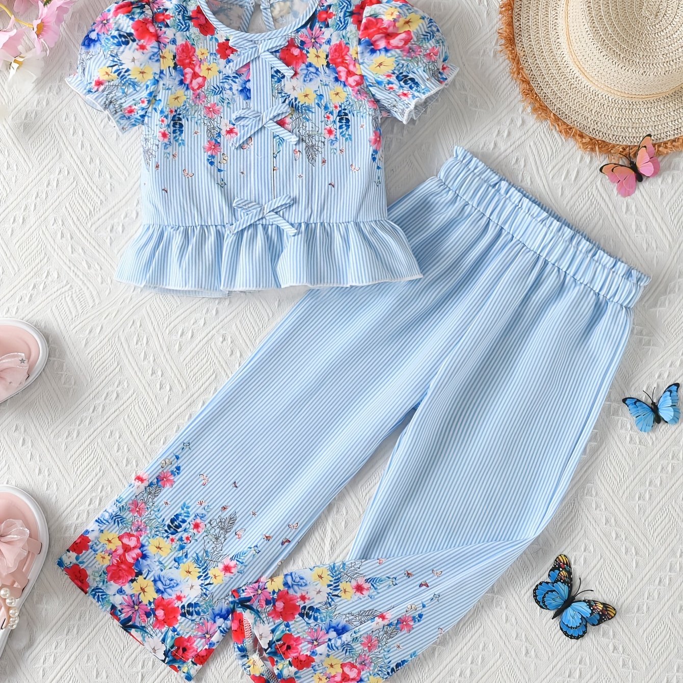 Image of A Two-piece Set For Girls, Featuring A Summer Outfit With A Short-sleeve Shirt With A Bow And Floral Prints, With Casual Loose-fitting Long Pants, Perfect For Holiday Trips And Everyday , For Outdoor