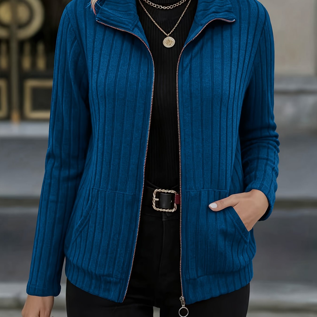 TEMU Fashionable Elegant Autumn Winter New Product Beautiful Jacket Solid Color Ribbed Lightweight Jacket Zipper Lapel Pocket Long Sleeve Front
