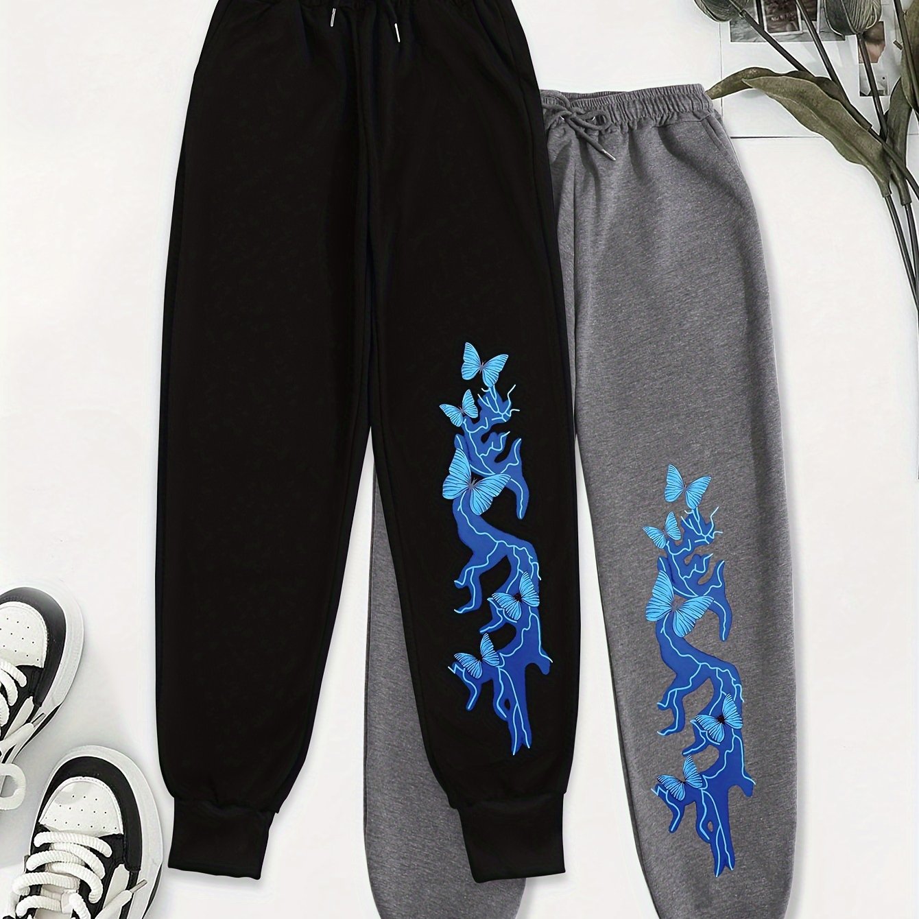 TEMU Joggers Graphiques Papillon pour Femmes 2pcs - Pantalons de Survêtement Décontractés à Taille Élastique avec Poches, Lavables en Machine