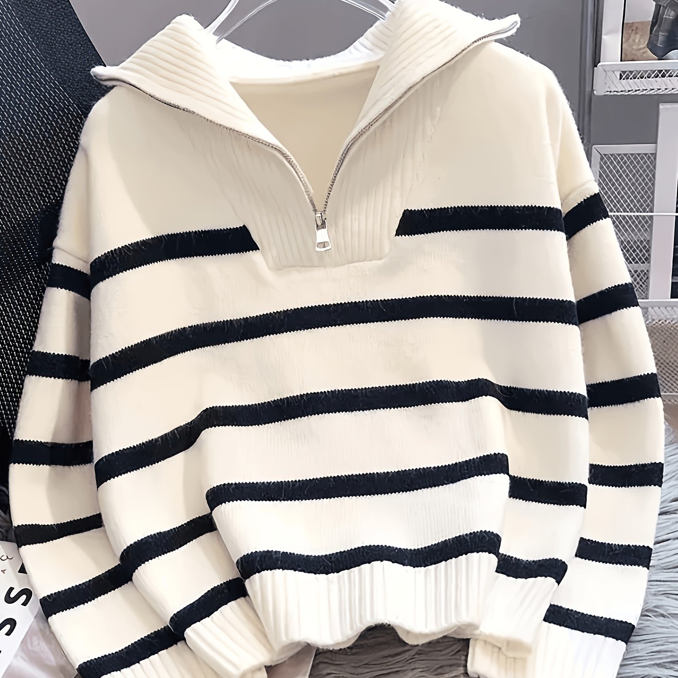 TEMU Pull rayé à demi- pour femmes, pull à manches longues décontracté, haut et chaud à col faux et quart-de-zip, chemisier à de couleurs, convient