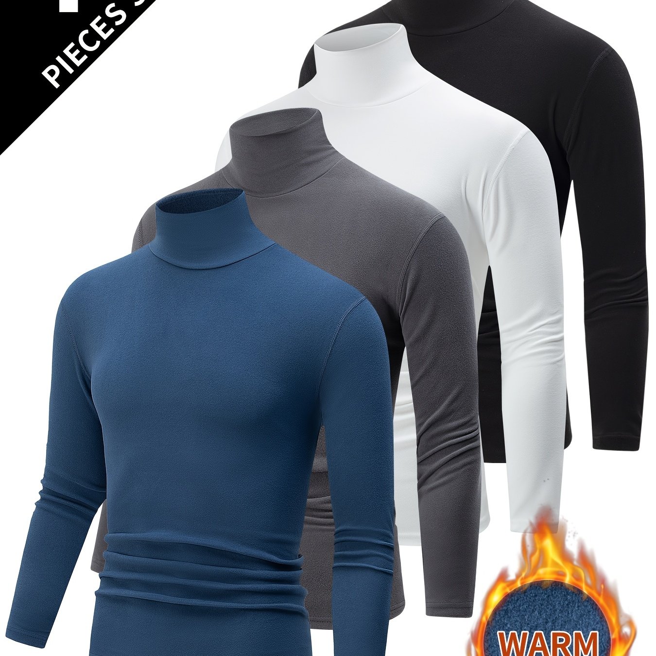 TEMU 4pcs Set Men'-sided Turtleneck Long-sleeve T-shirt, Autumn/winter Lapel Thickened Warm Casual Inner Layer Brushed Base Layer Sweatshirt Top
