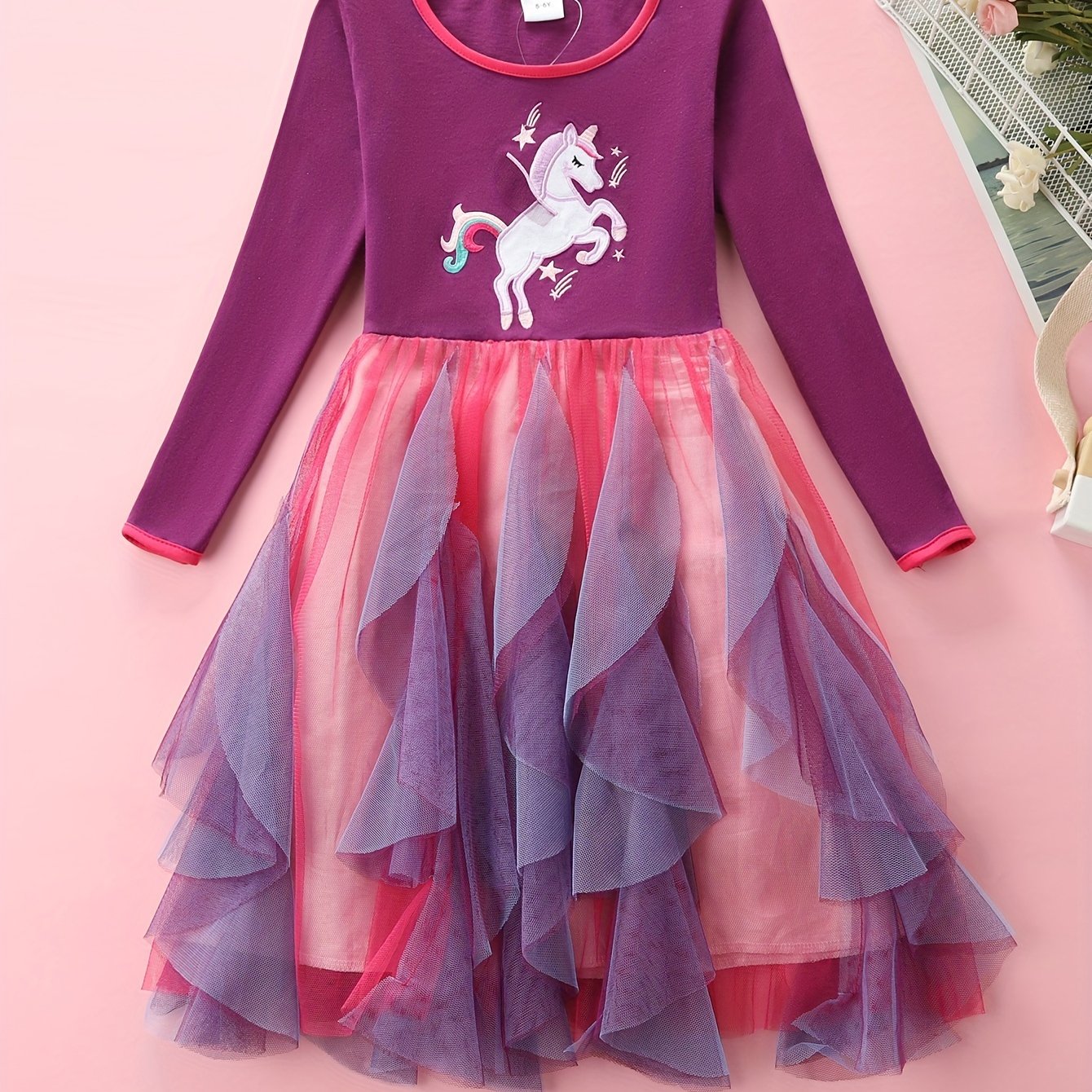 Image of Girls' Long Sleeve Autumn Back-to- Daily Wear Casual Unicorn Cartoon Embroidered Cotton Irregular Hem Knee-length Dress Lh1734