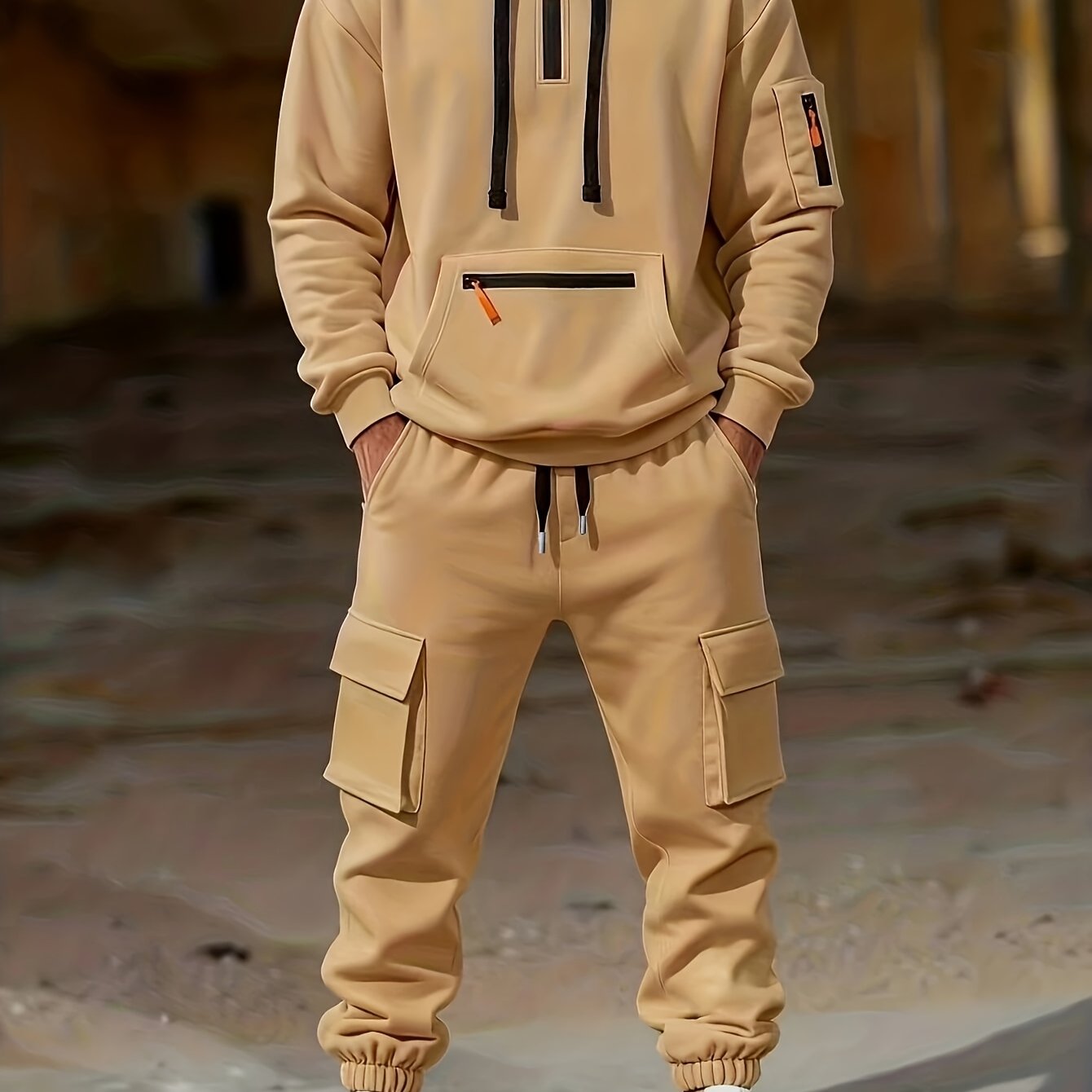 TEMU Men's Heavyweight -lined Winter Leisure Set, Loose-fit Multi-pocket Cargo Tracksuit With Hooded Top, Mens Gifts Ideas