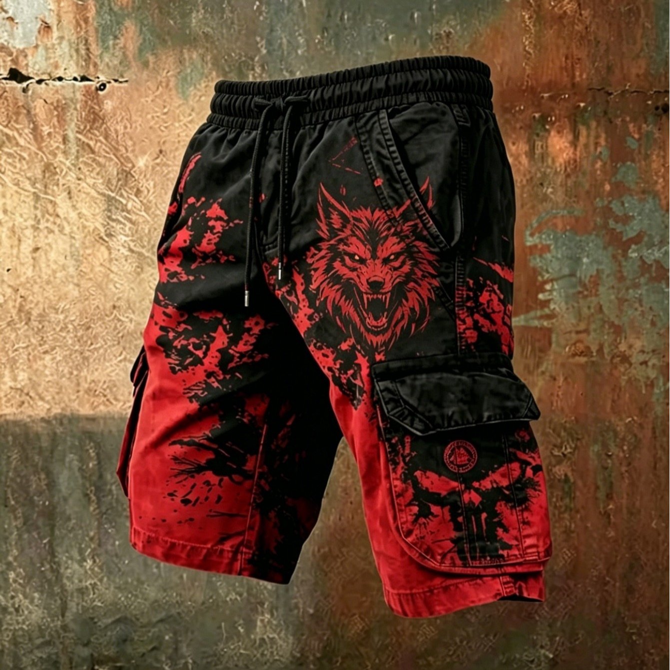 Image of Wolf Head Print Cargo Shorts With Multi-pocket & Gradient Color - Elastic Drawstring Waist, Breathable Summer Shorts Suitable For Streetwear, Outdoor, Casual Wear - Machine Washable Black/red Shorts