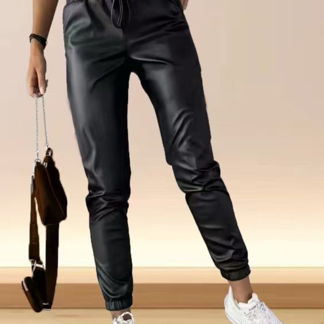 E-shop Damen PU Jogginghose in Uni-Farben – Vielseitige Vintage-Mode, Winddichte Hose für Herbst/Winter, Trendige Freizeithose, Halloween, Y2K Skinny