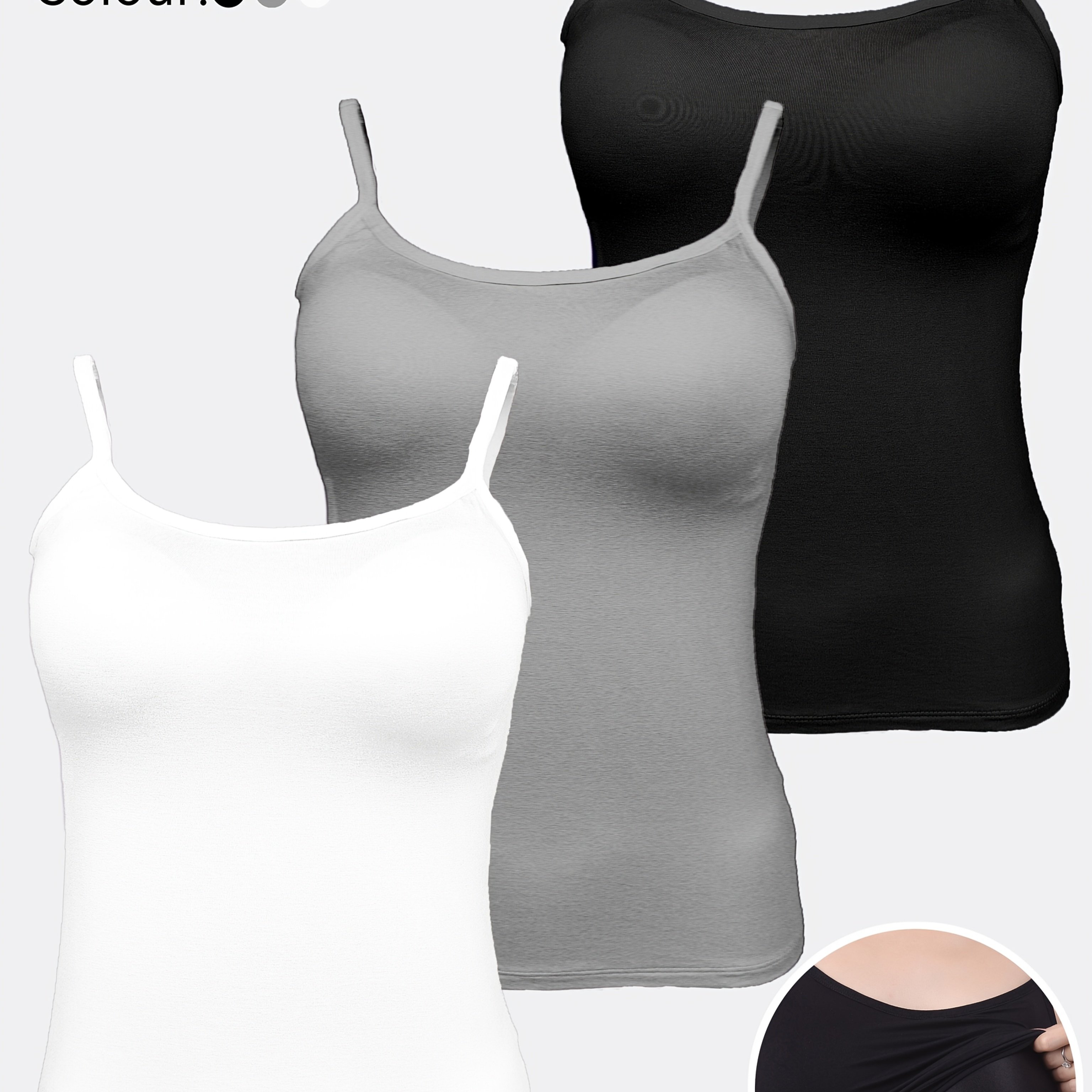 Image of 3pcs Set Of Women's Camisoles With Padding, Adjustable Thin Straps, Solid Color Cami Sleepwear Top, -friendly Breathable Vest For Outer Wear