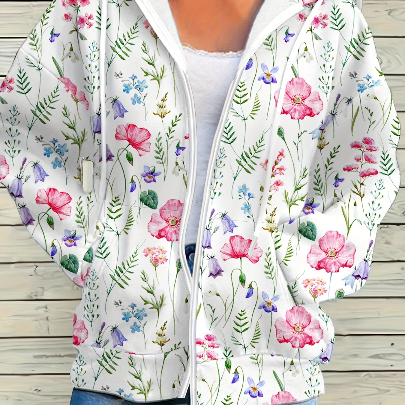 Image of Women's Floral Print Zip-up Hoodie - Casual Loose Fit Sweatshirt With Pockets, Long Sleeves, And Front Zipper Detail, Perfect For Fall/winter