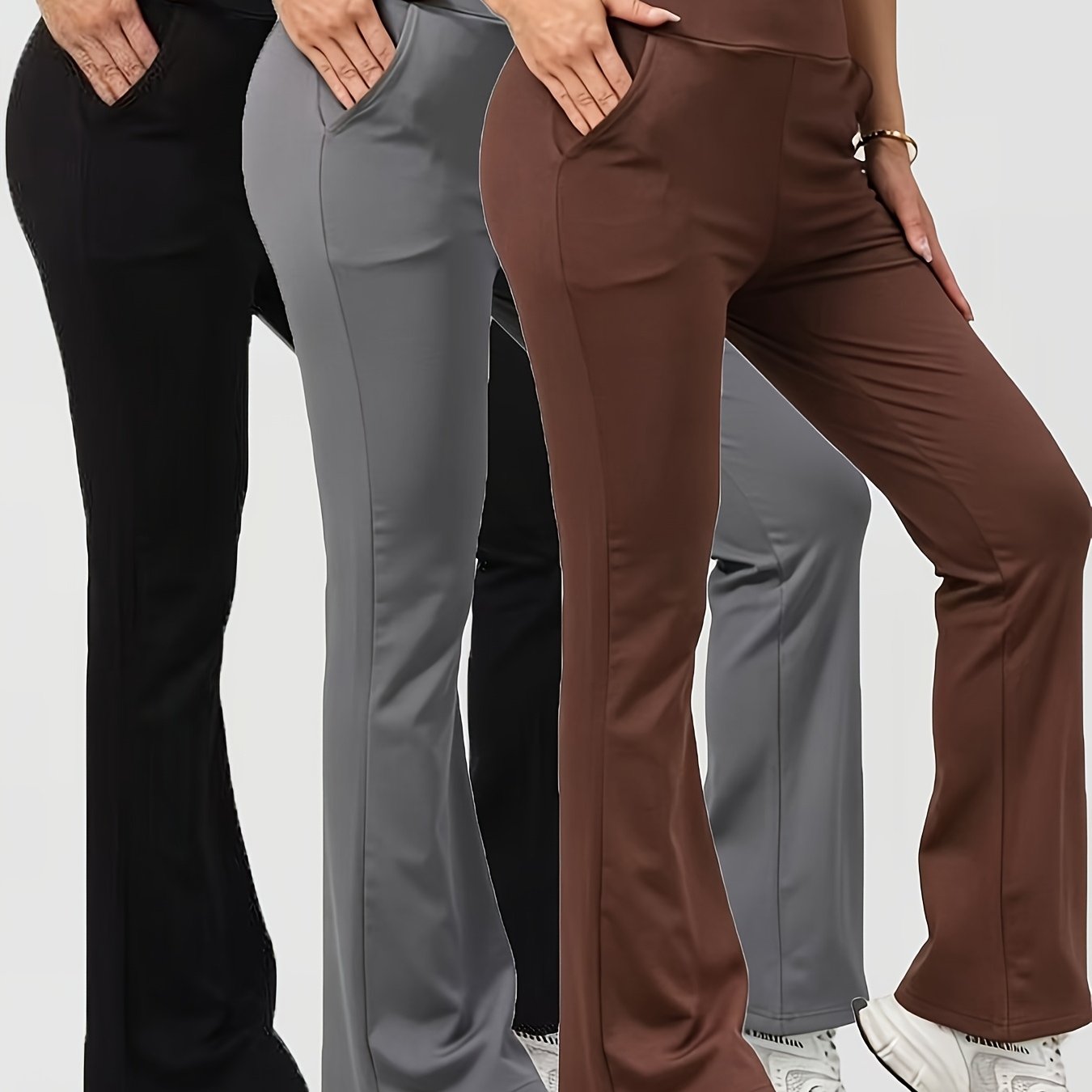 TEMU 3pcs Women' Color High-waist Stretch Flare Pants, Solid Color High-waist Stretch Flare Casual Pants, Suitable For Daily Wear, Women's High-waist