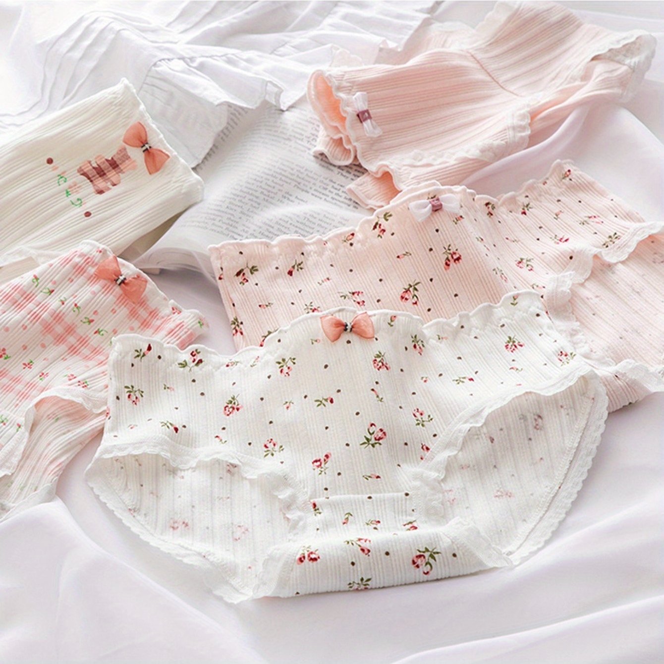 5pcs Of Cute, Sweet And Pattern Women's Underpants With Elastic Waistband And Lace Trim