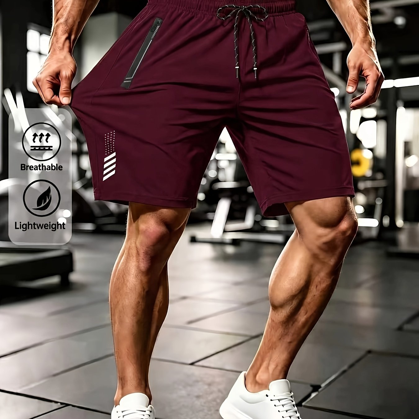 TEMU New Summer Men's Sports Shorts With Elastic Waistband And Drawstring, Featuring Zippered Pockets, Suitable For Gym And Outdoor Activities