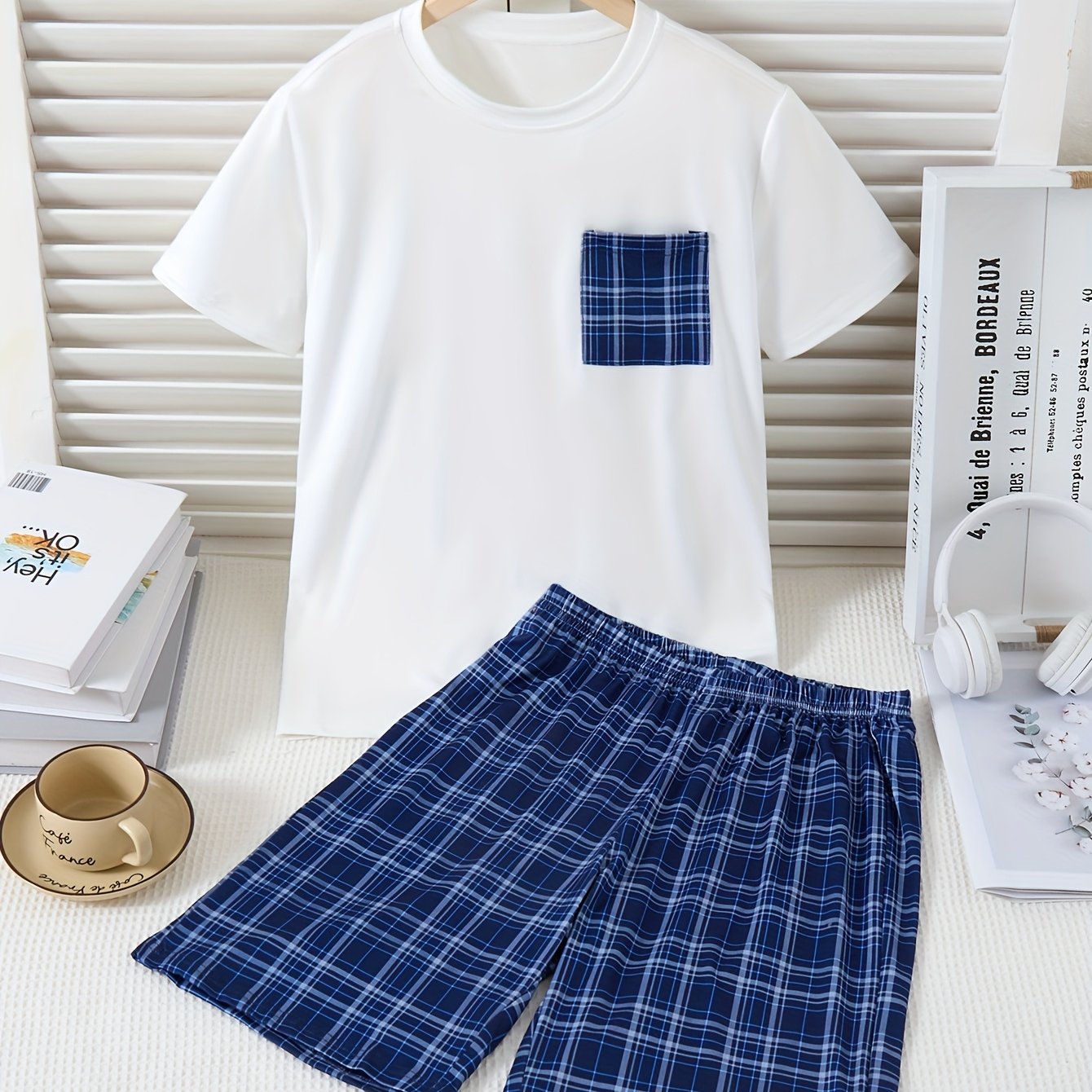 Summer Boys Casual Blue Print Short Sleeve Shorts Set ( 1615 Flame Retardant Fire Standard)