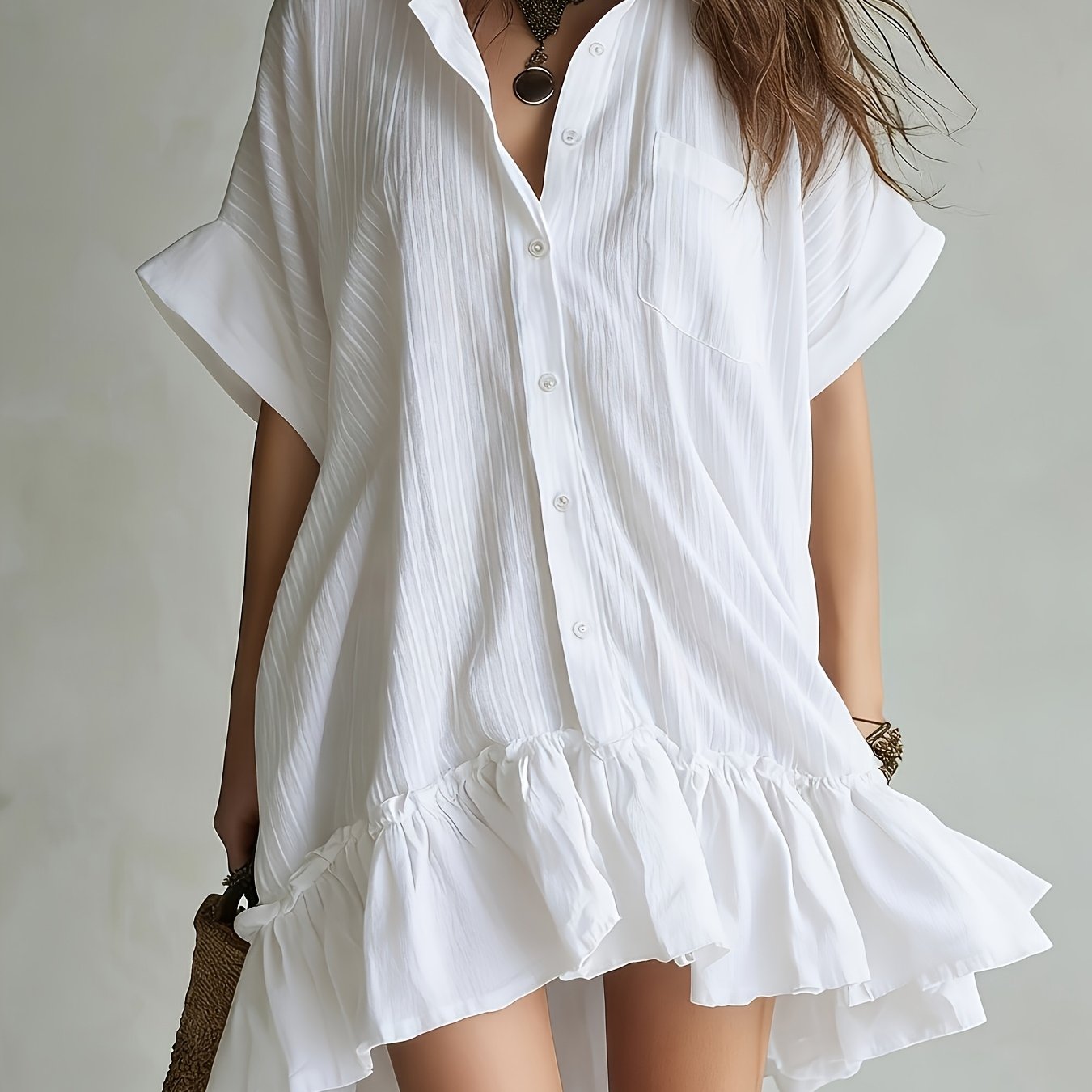 Image of Women's Fashion Solid Color Collared Shirt Dress, Elegant And Stylish Outfit