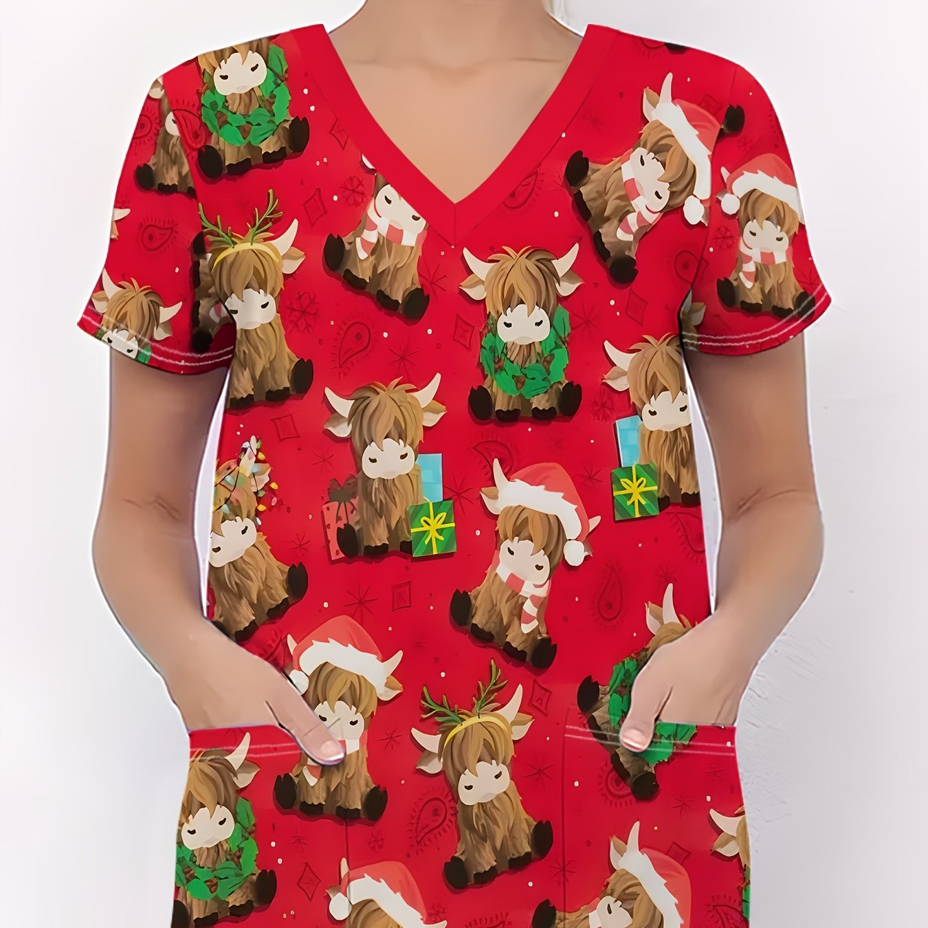 TEMU Women's Highland Cow Christmas Nurse Uniform - Scottish Cow Print Scrubs With Pockets, V-neck Short Sleeve Workwear, Fit Tunic For Healthcare