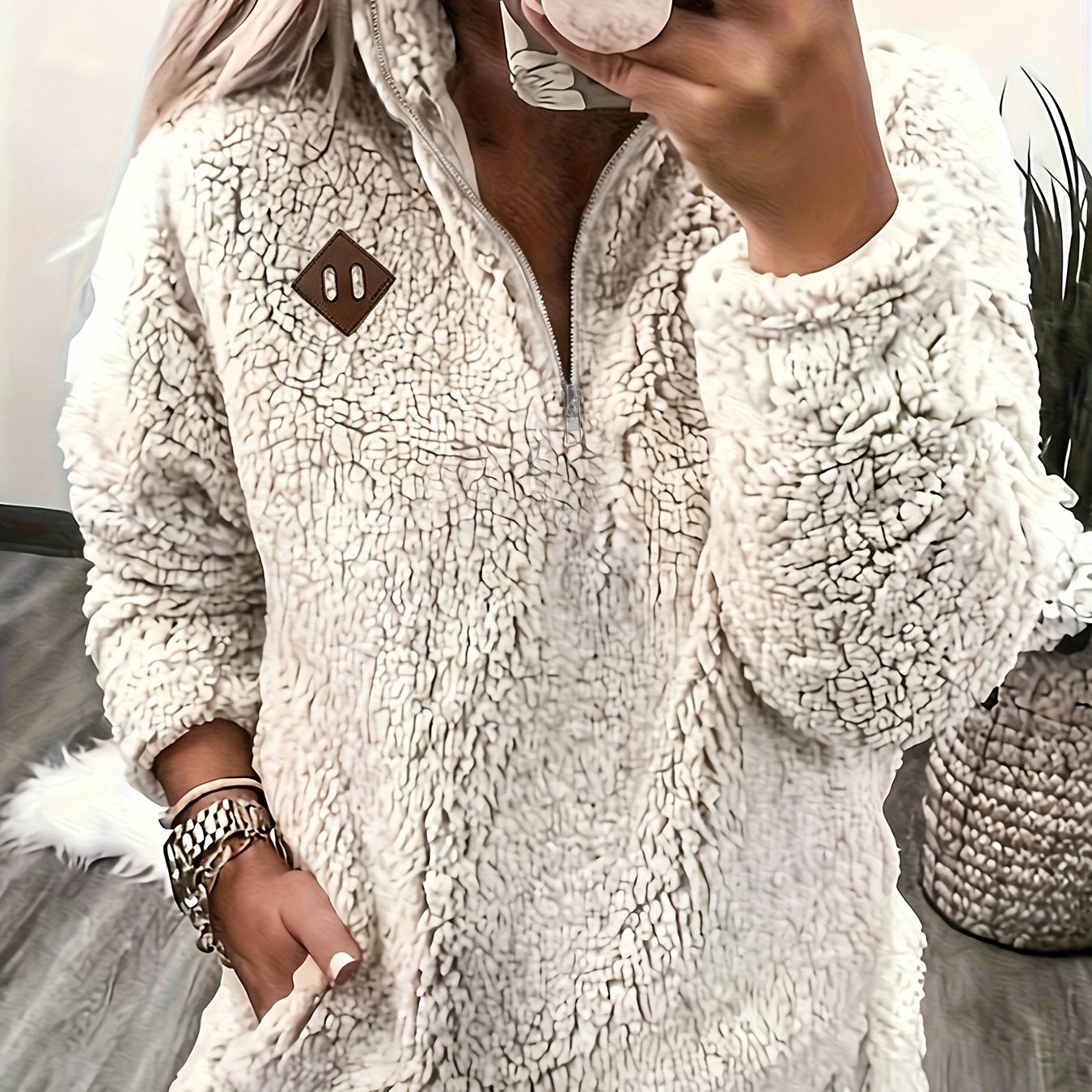 TEMU Trendy Zip-up Stand Collar Women's Top