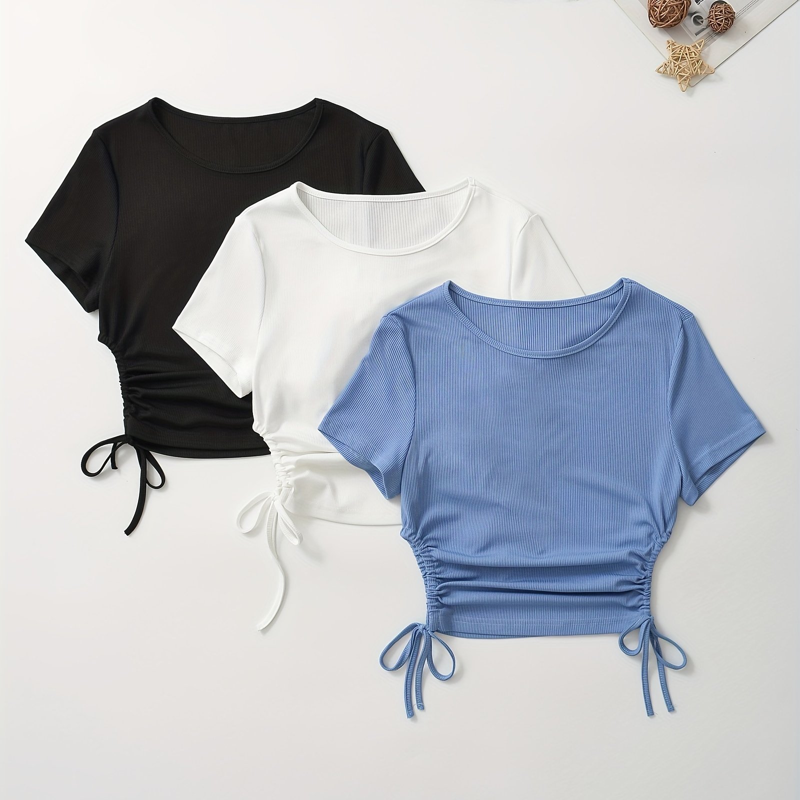 Y2k Summer New Arrival Three-pack Solid Color Round Neck Side Cutout Drawstring Knot T-shirt Top