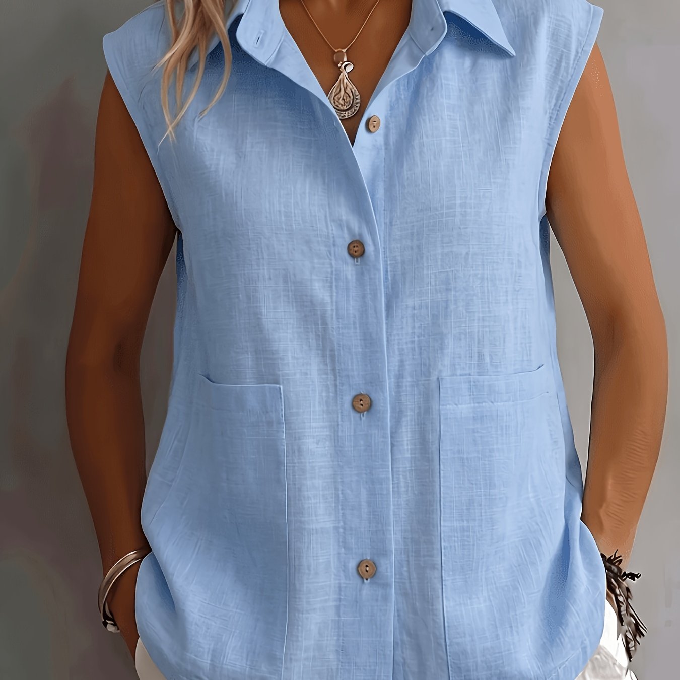 TEMU Elegant Temperament Women's Sleeveless Fashion Summer Top, Retro Lapel Pocket Loose Vest-style Beautiful Shirt, Breathable And Fresh