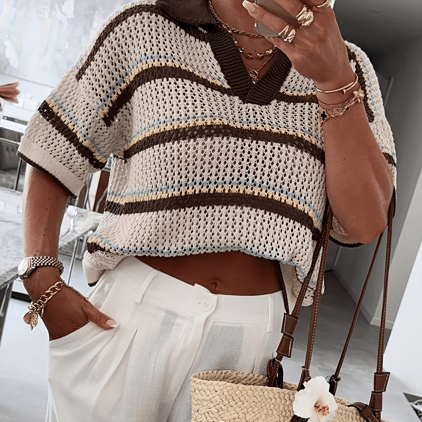 Style Striped Hollow Crochet Shirt/ Retro Lapel/ Short And Breathable/ V-neck Casual Short Sleeve Top/ Wardrobe Essential/ Fashion Item Cover-up