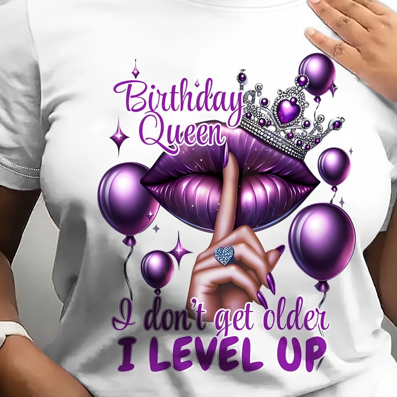 TEMU Women's Birthday Queen Letter Print Short Sleeve Round Neck T-shirt - Casual Semi-sheer Blouse Suitable For Parties & Casual Attire - Machine