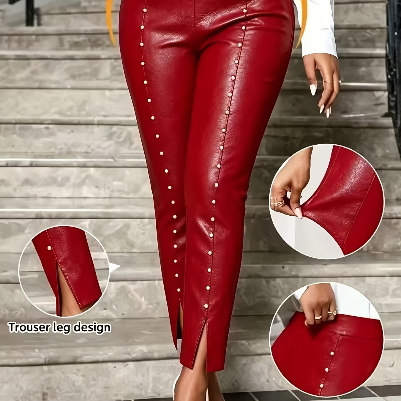TEMU Plus Size - Fashion Long Pants | Pu, Medium Stretch, Solid Color, Pearl Details, Straight Leg Style For Weekend Casual