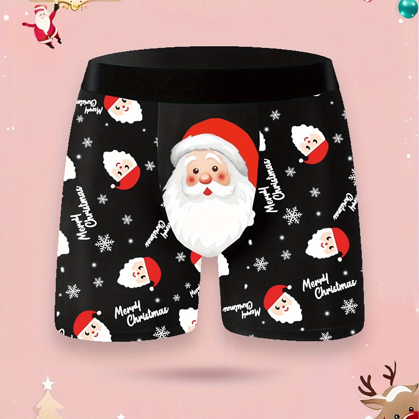 Image of 1pc Santa Claus Cute Head Pattern Long Men's Boxer Briefs - Christmas Holiday Gift, High-elastic Comfortable Casual Men's Underwear