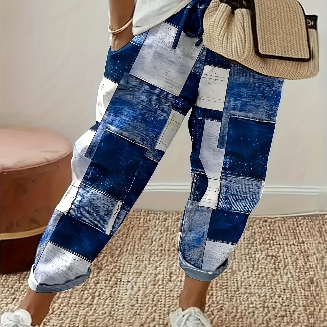 Fashionable Leisure Vacation, Rubber Drawstring Blue And White Checkered Printed Women's Pants