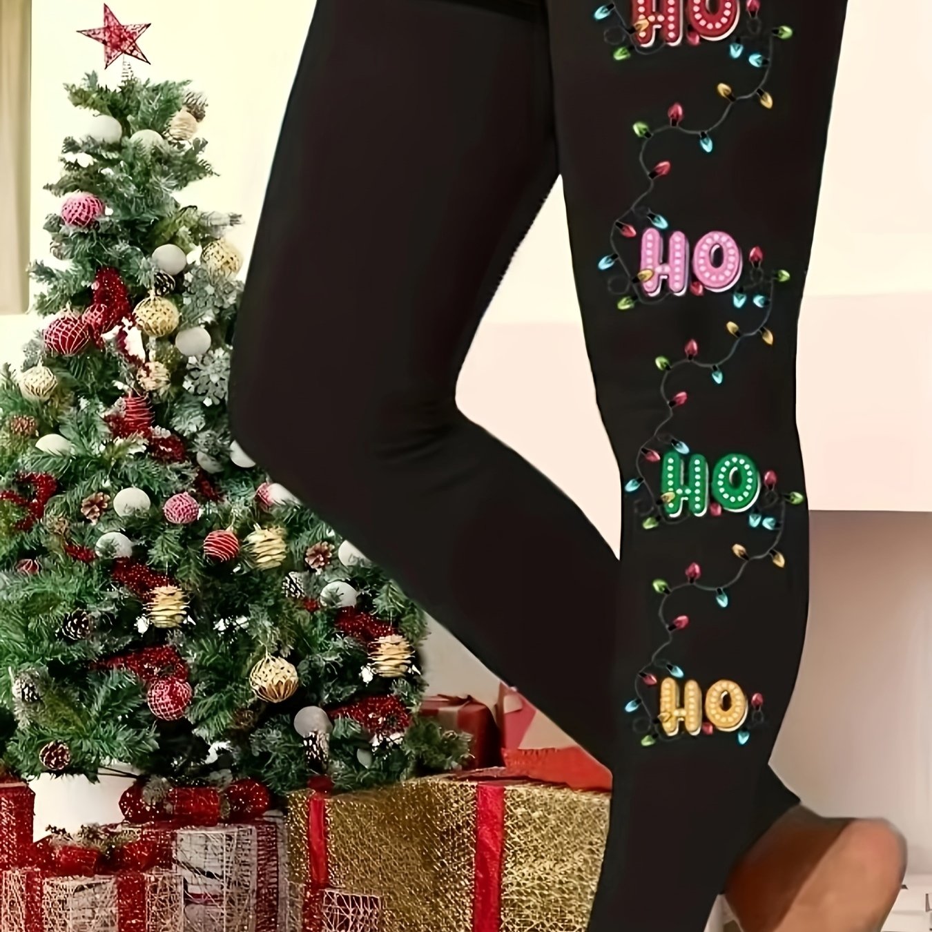 TEMU Women's High-waisted Tight Leggings With Festive Ho Christmas Lights Print - Stretchy Machine Washable Casual Pants For Holiday & Casual Attire,