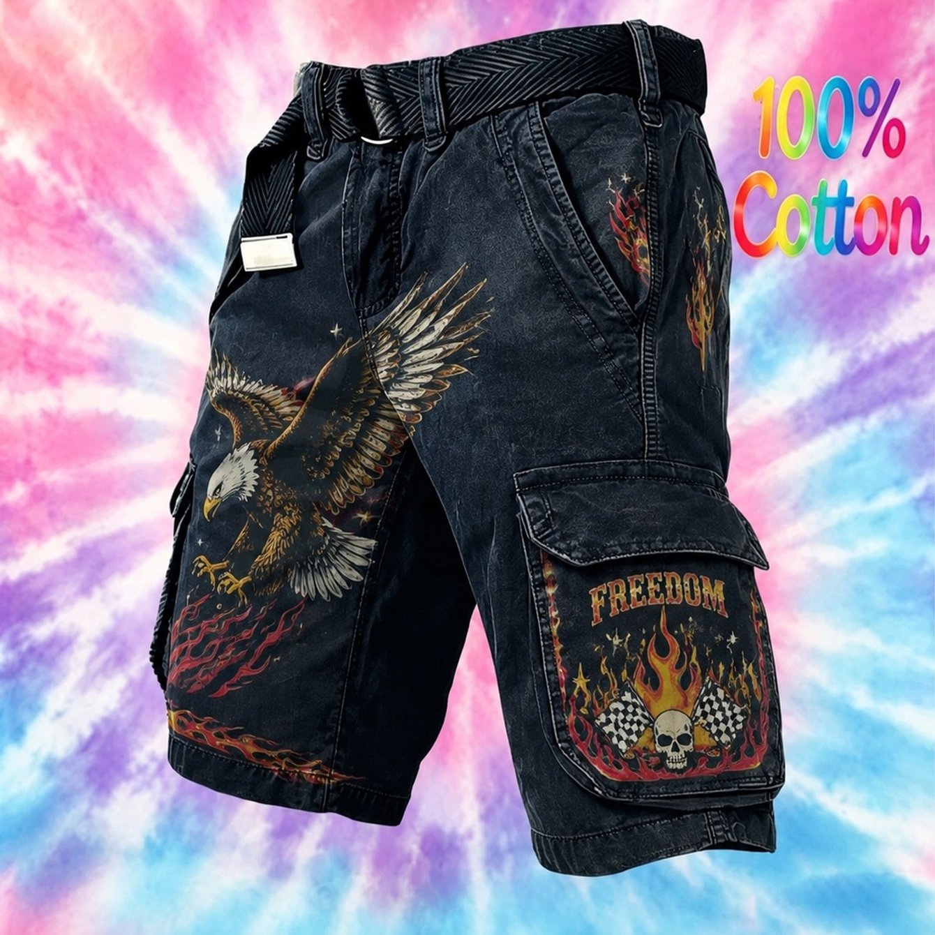 's Retro Cargo Shorts (no Belt) With Eagle And Flame Print, Suitable For Work And Casual Wear. Features Multiple Practical Pockets. A Stylish And Versatile Men's Outfit