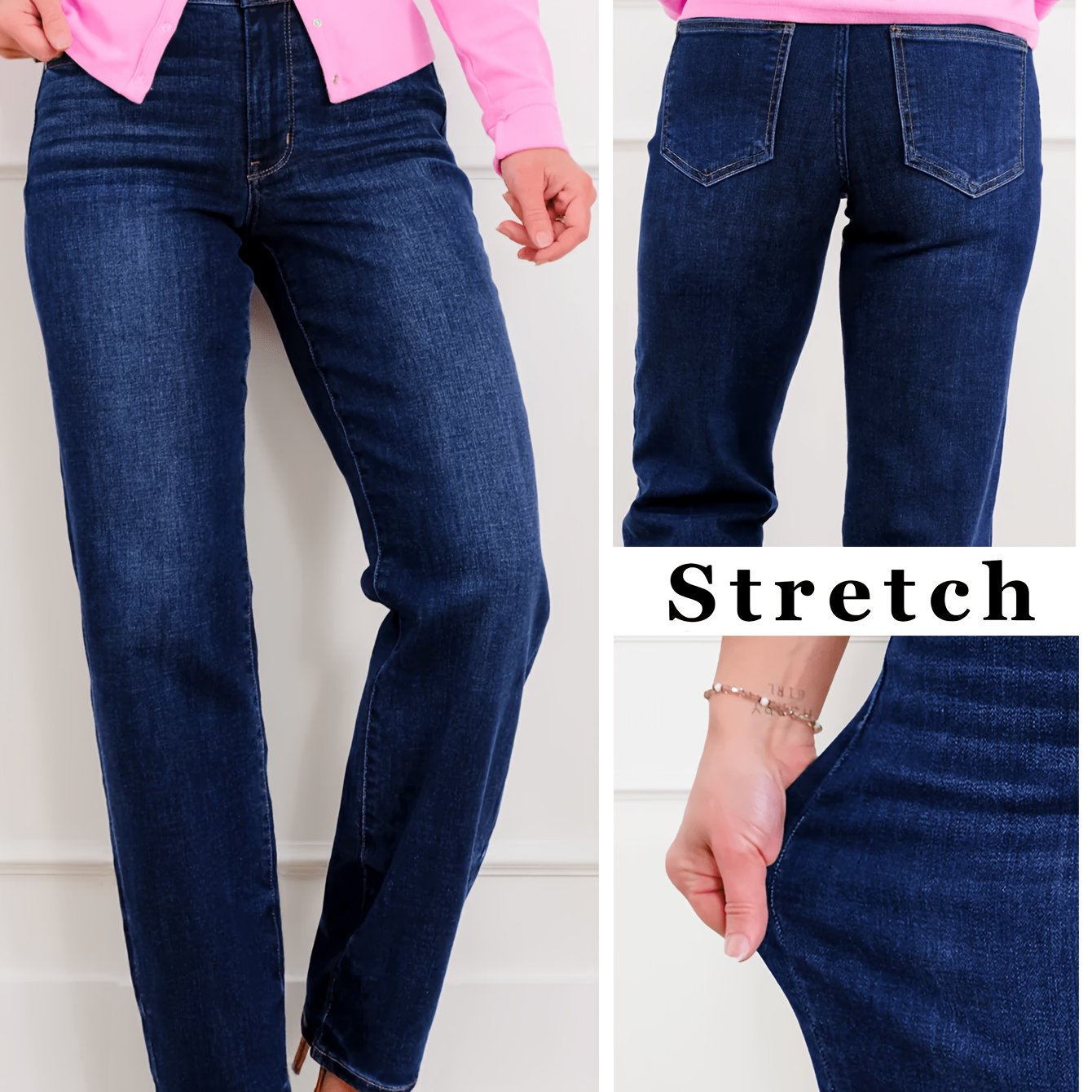 Image of New Plus Size Women's High-waist Jeans, Washed Straight Blue Denim, Dark Blue Washed Fabric, Durable Premium Material, Suitable For Casual , Daily And Work Occasions, Wear
