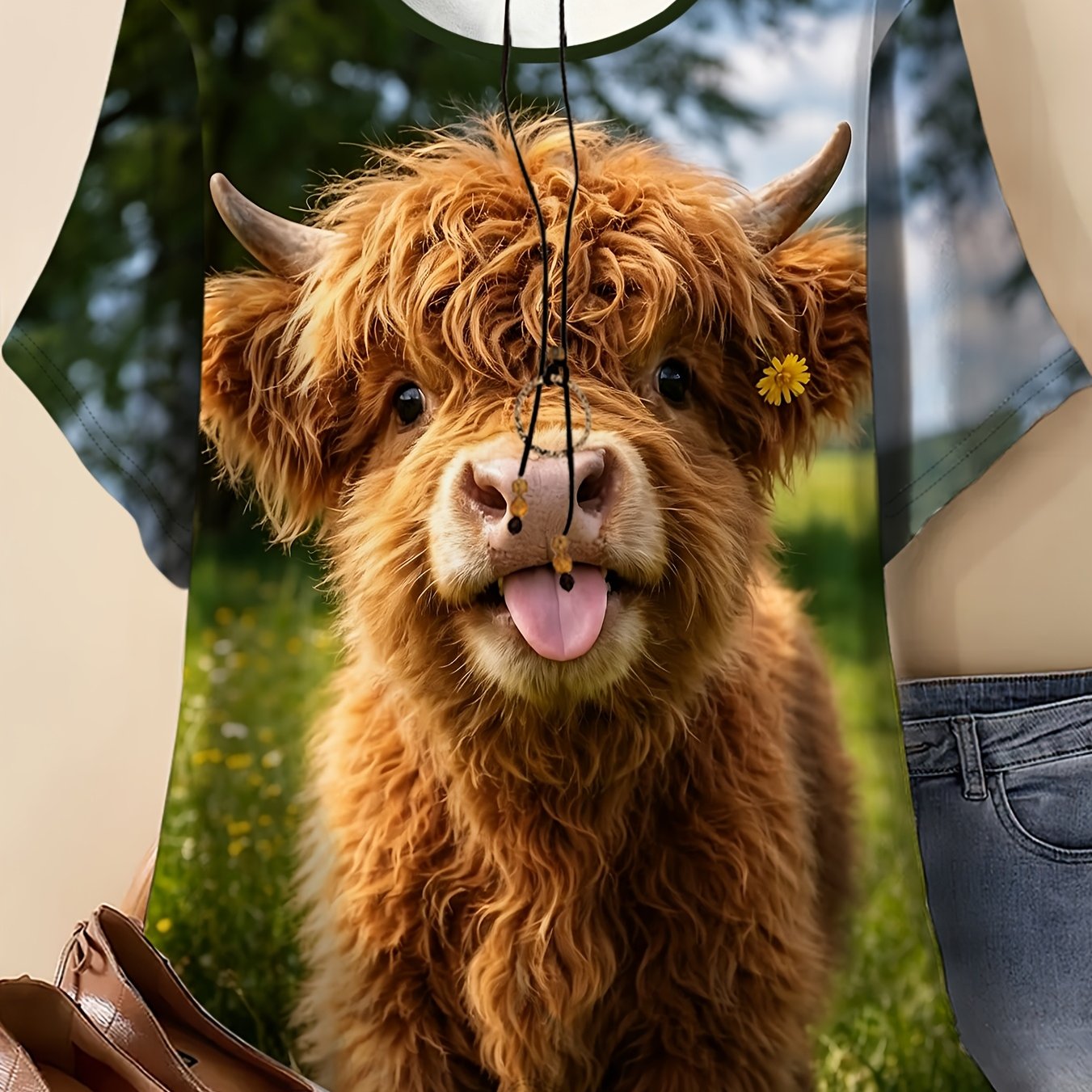 TEMU Summer Women's Plus Size Round Neck T-shirt With Highland Calf On Grass And Print