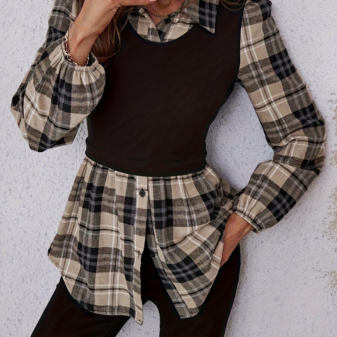 Collared Lantern Sleeve Front Button Casual Geometric Check Print Shirt