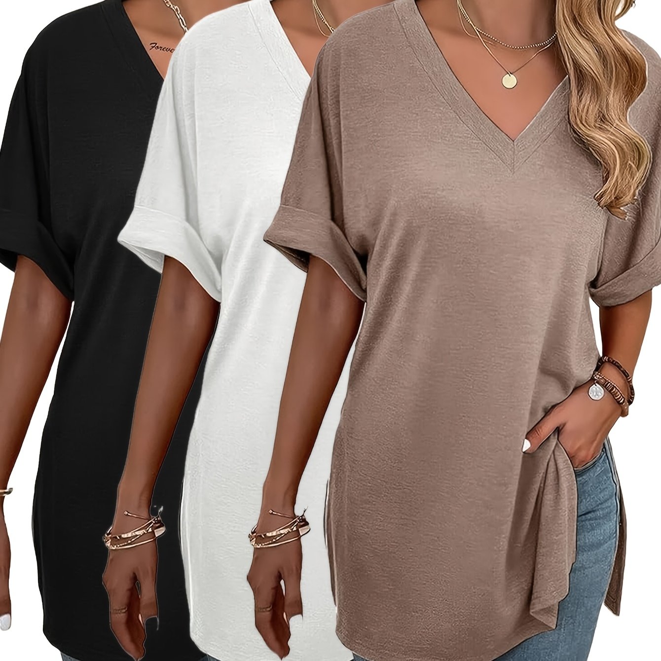 Artikelbild 3-teiliges set damen lockeres oberteil, elegantes, bequemes basic-shirt, modisches t-shirt mit v-ausschnitt, kurzarm seitenschlitz