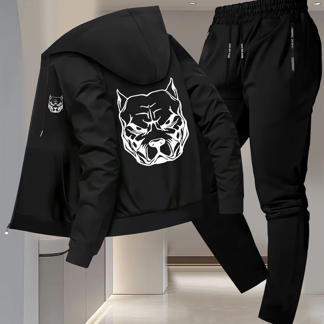 E-shop Trendiges Herren Herbst- und Winter-Kapuzenjacken-Set, mit weißem Bulldoggen-Design, lässiges Business-Outfit, lässiges