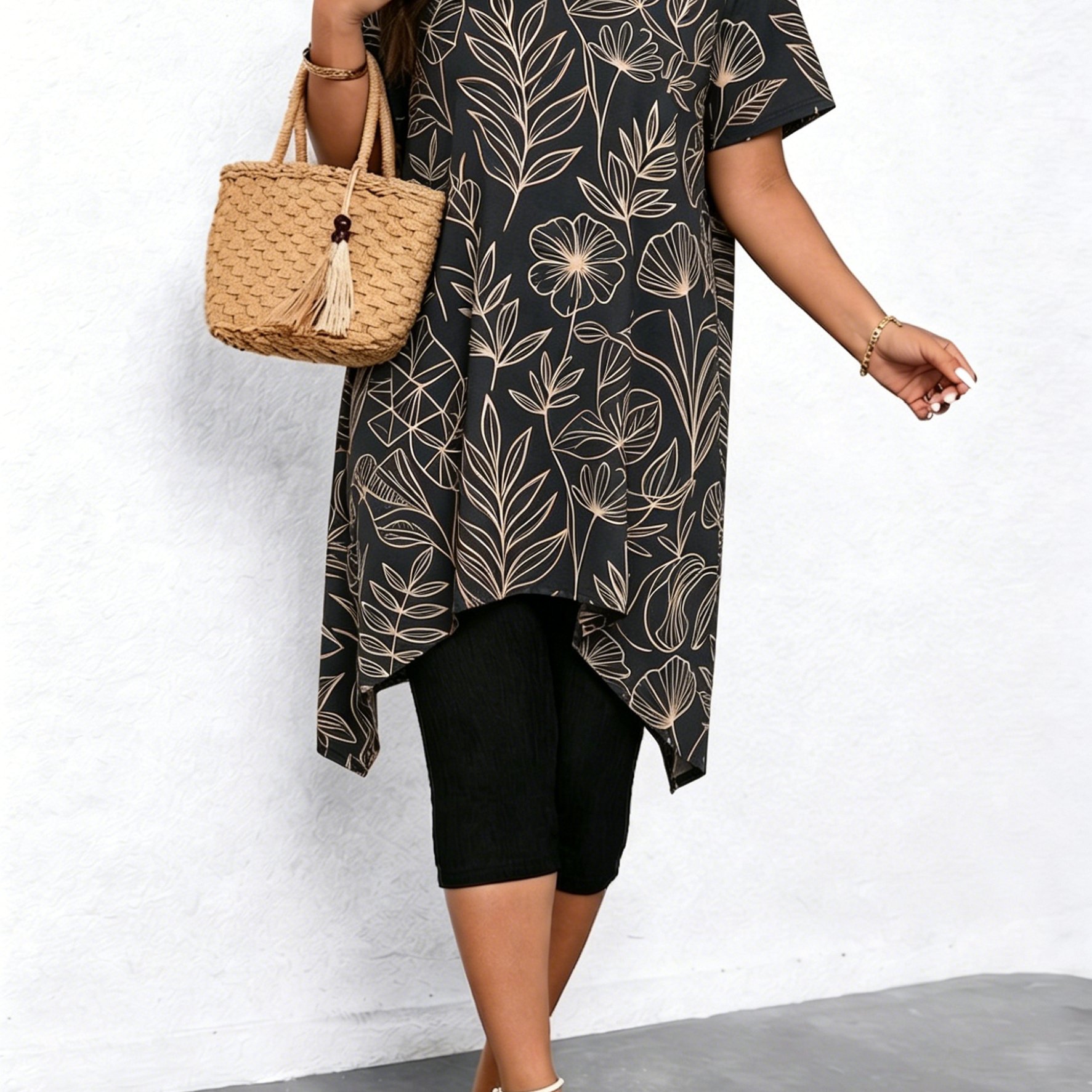 TEMU Plus Size - Plus Size - Summer -neck Black Floral Short Sleeve Top Women's Loose Irregular Hem