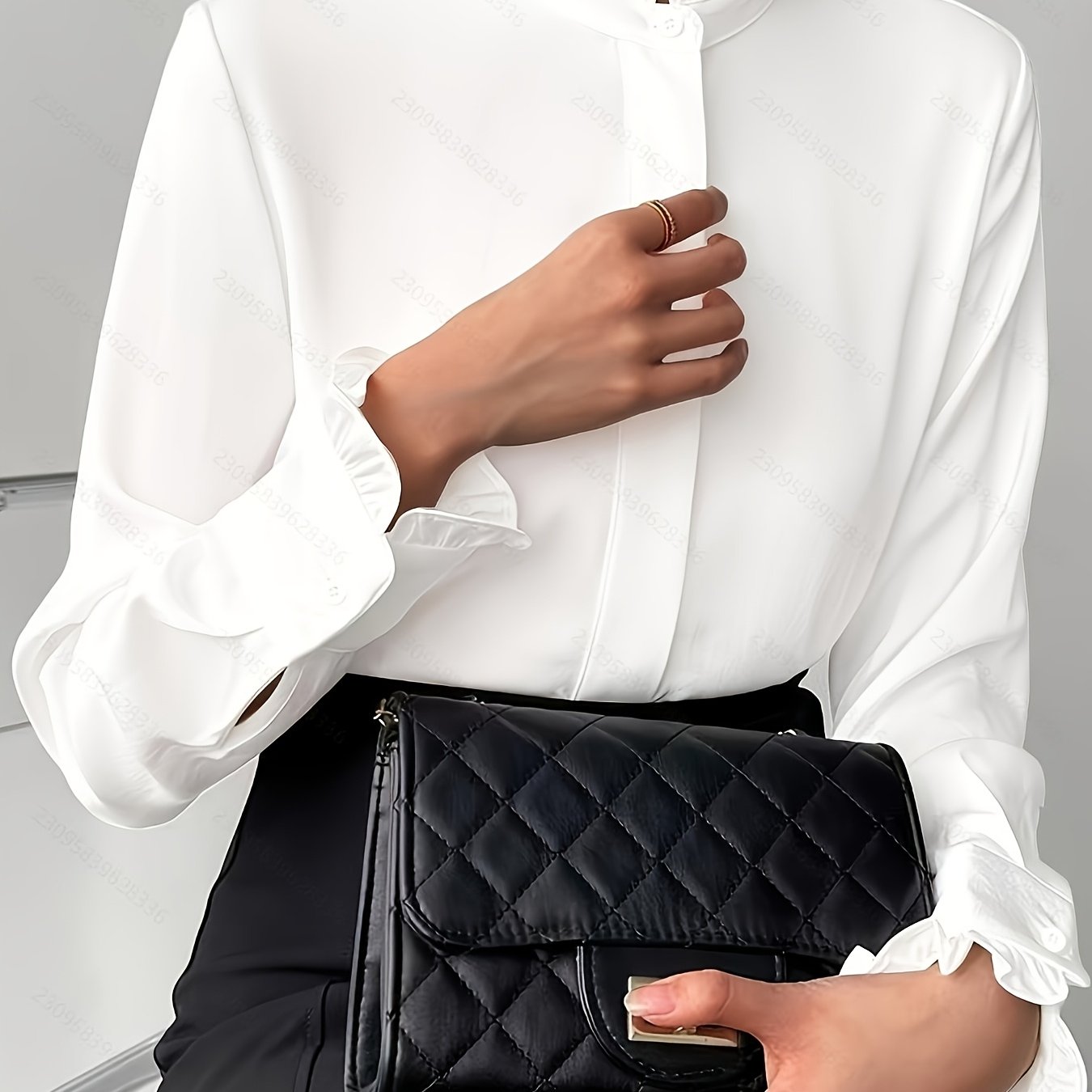 TEMU Women' Color Long Sleeve Shirt - Stand Collar, Ruffle Detail And Cuffs