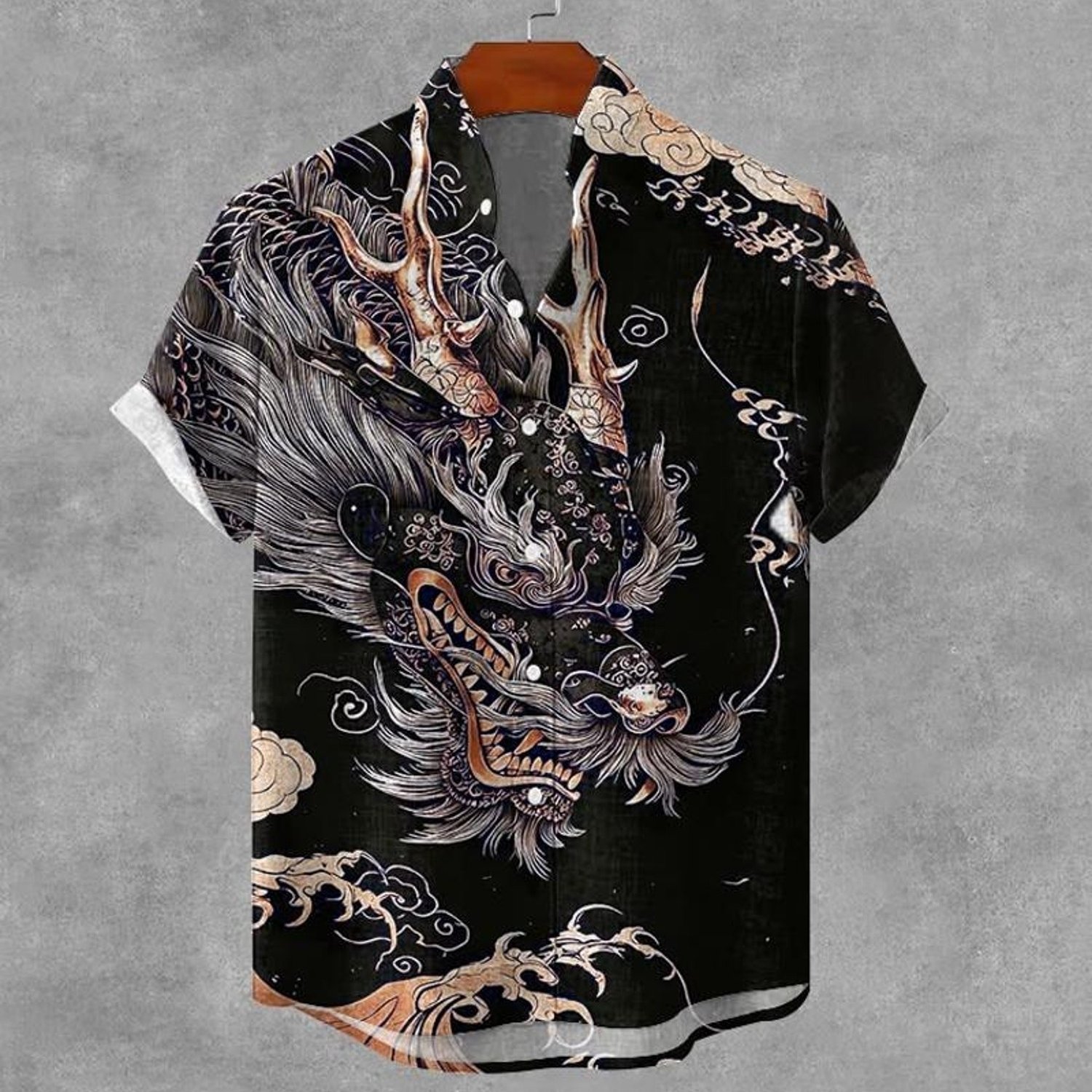 Image of Men's Formal Shirt, Short-sleeved Dragon-printed, Stand-collar With Pockets, Polyester Fiber, Casual Daily Wear, Mixed Color, Multiple Specifications , Fashion