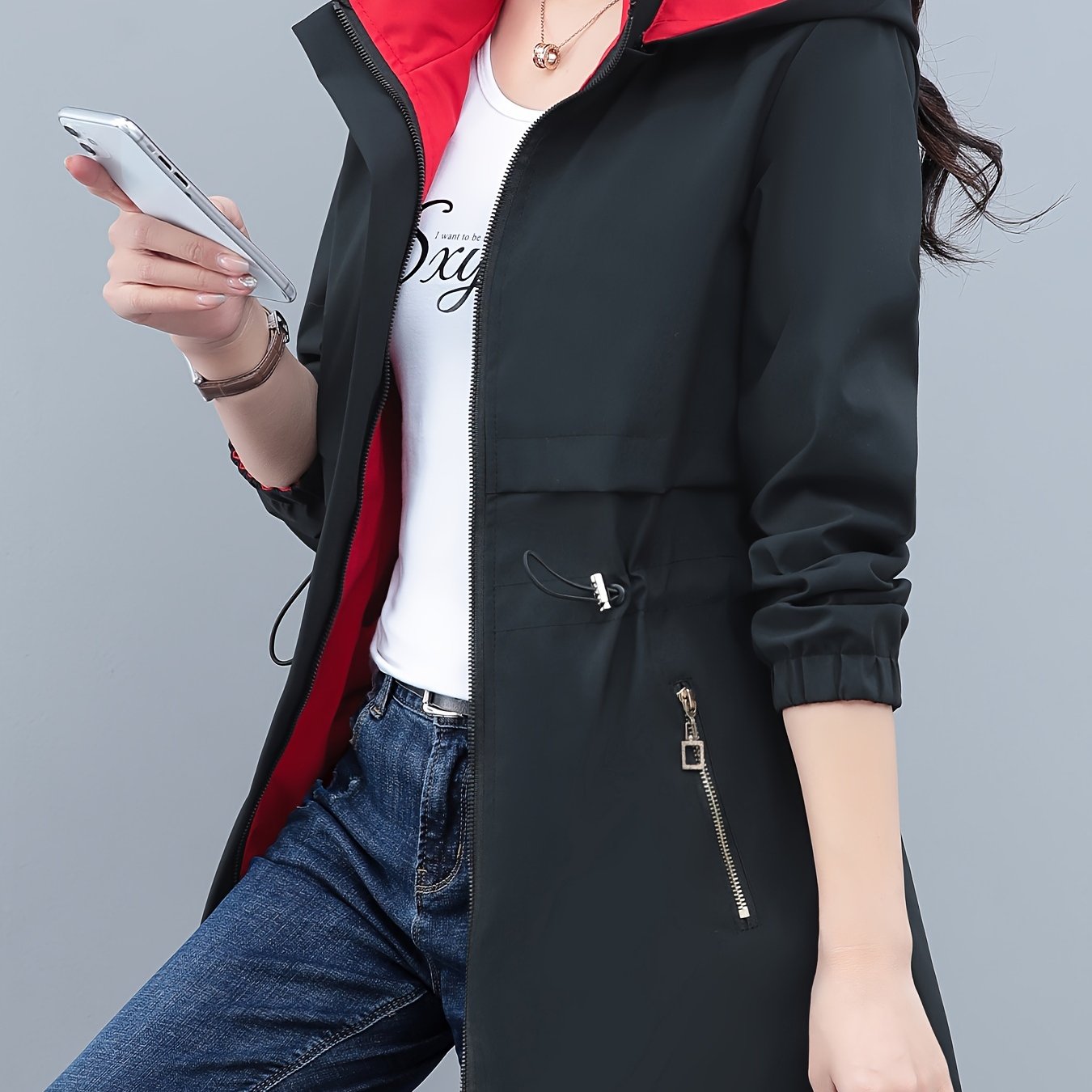 TEMU Zip-up Hoodie Windbreaker Jacket, Casual Long Sleeve Drawstring Waist Jacket For Spring & Fall, Women's Clothing