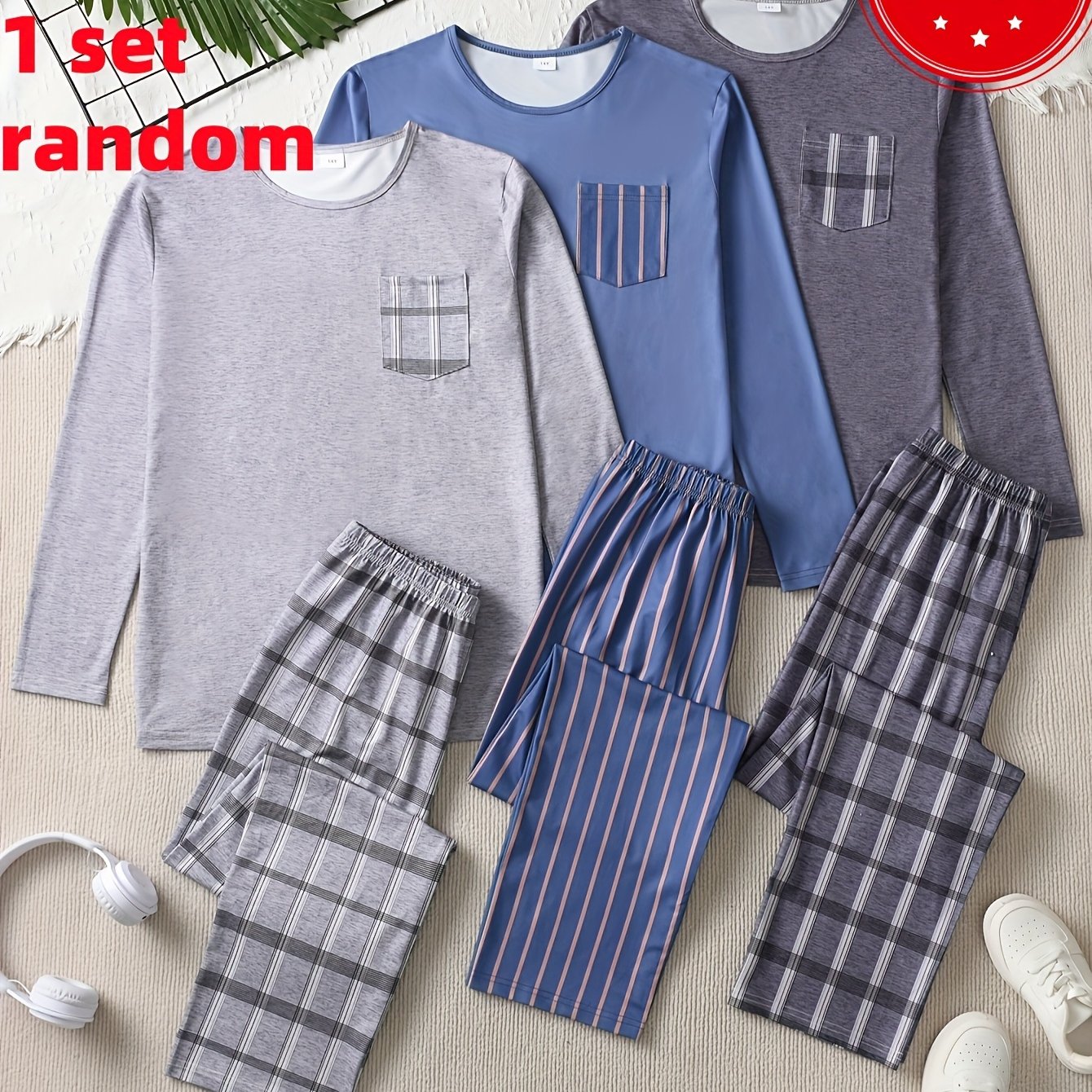 E-shop Zufälliges 1 Set Teenager Mode Einfache Weiche Pyjama, Schwarz Grau Grün Karo Langarm Lange Hosen Set, Lässiges Bequemes Zuhause Kleidungsset,